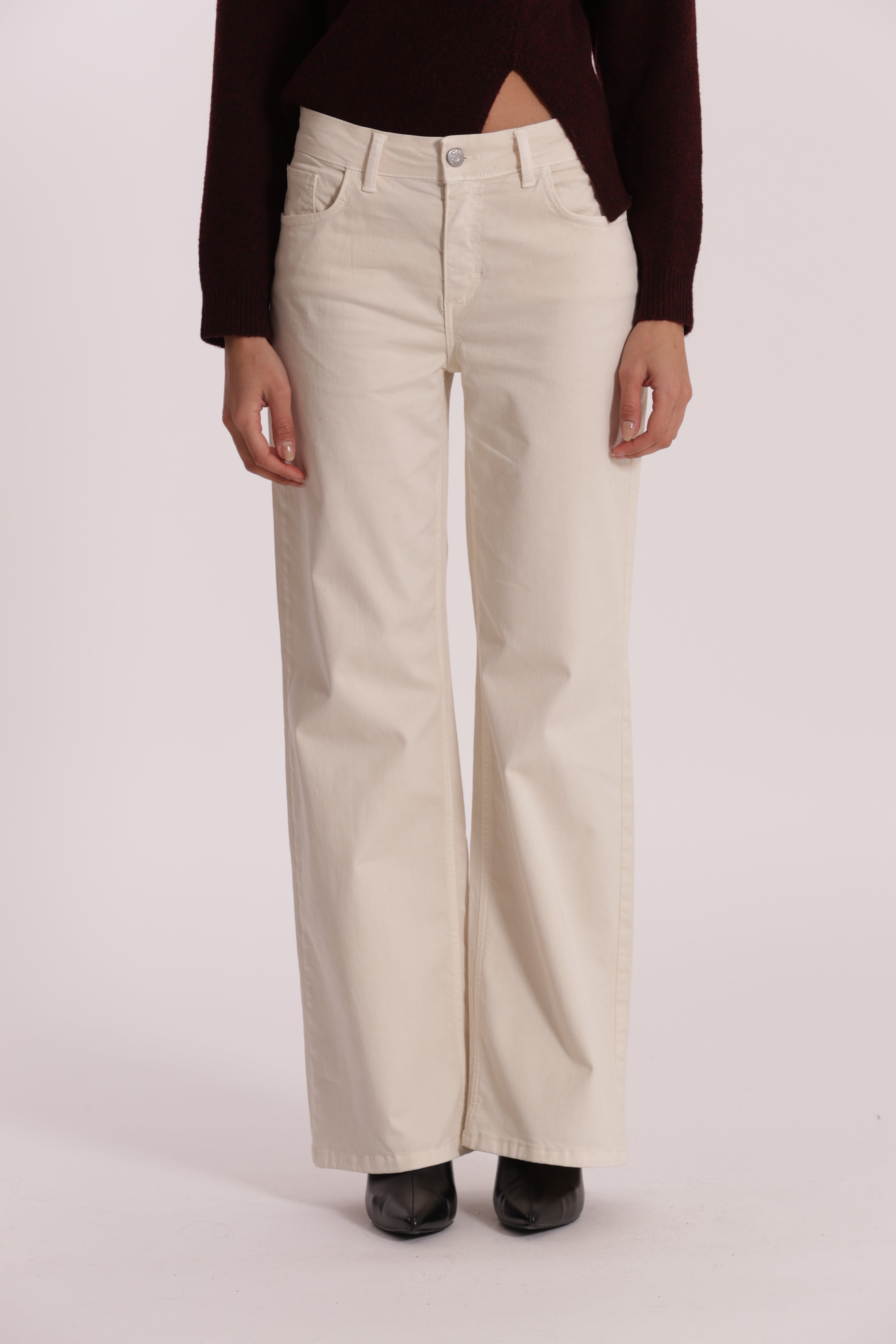 Mimi Mua Pantalone Dritto Tasca Quadrata Burro Gabardina