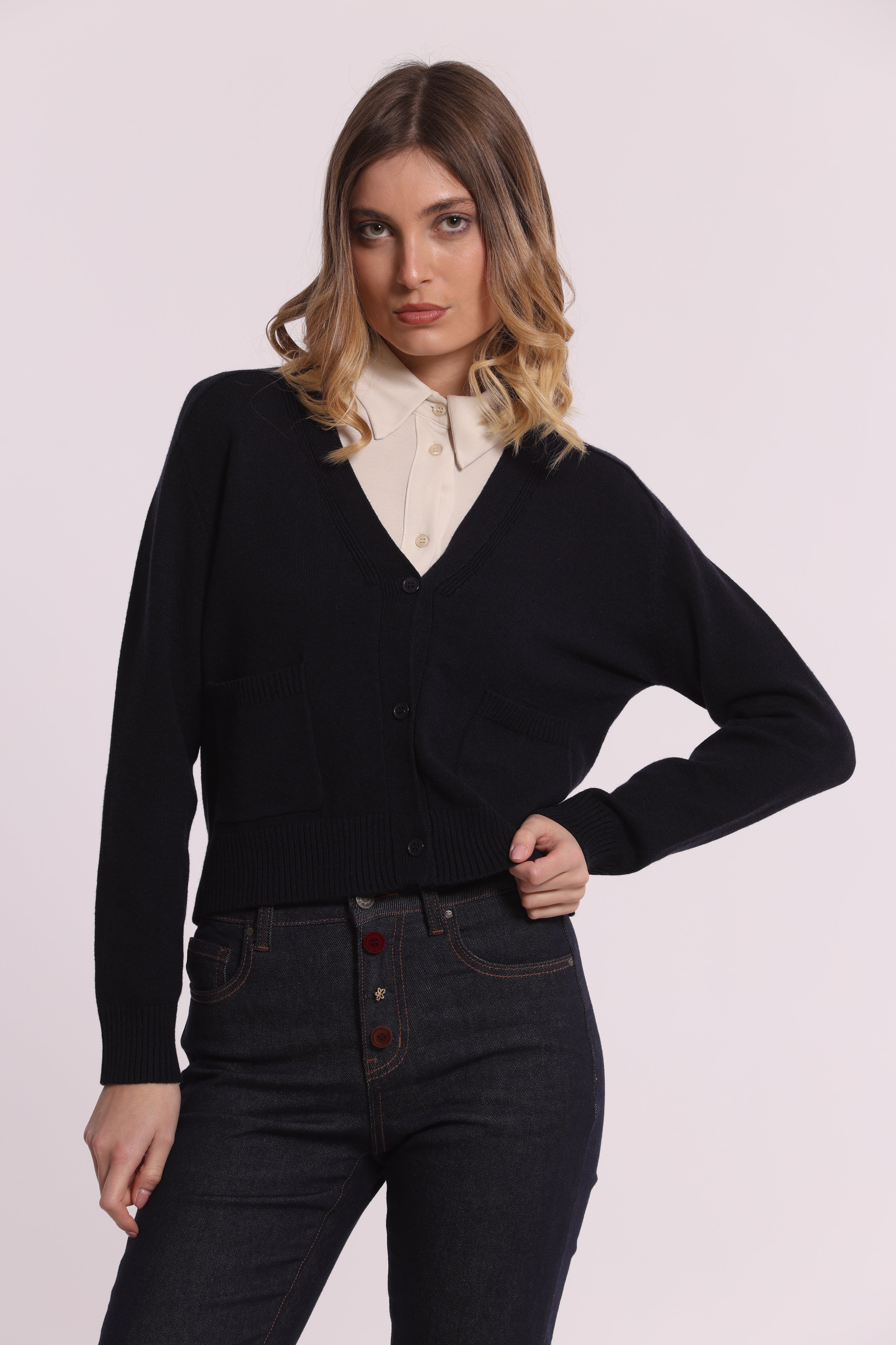Mimi Mua Cardigan con Tasche Nero Maglia