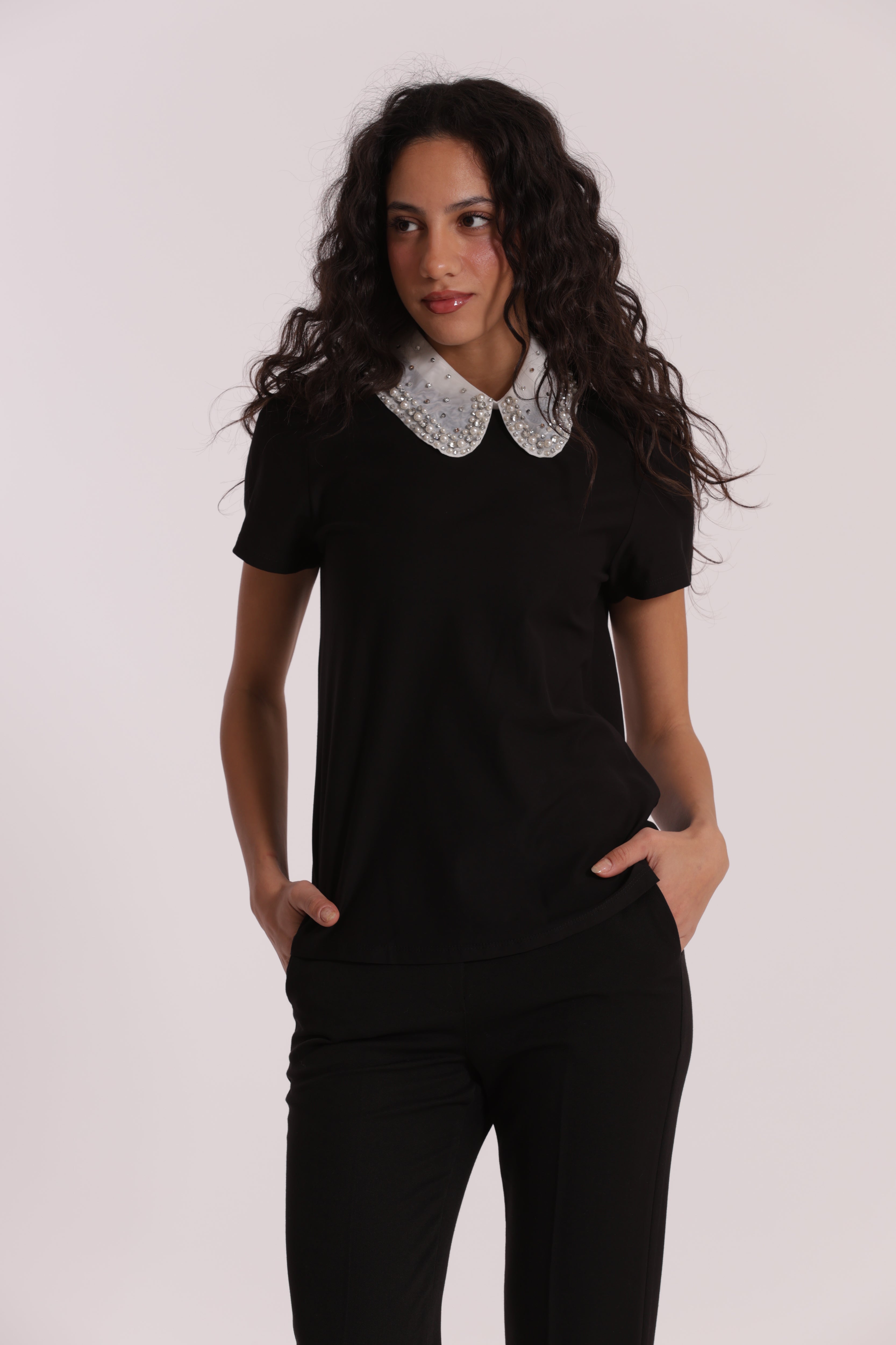 Mimi Mua con Colletto Decorato T-Shirt Bianco Cotone