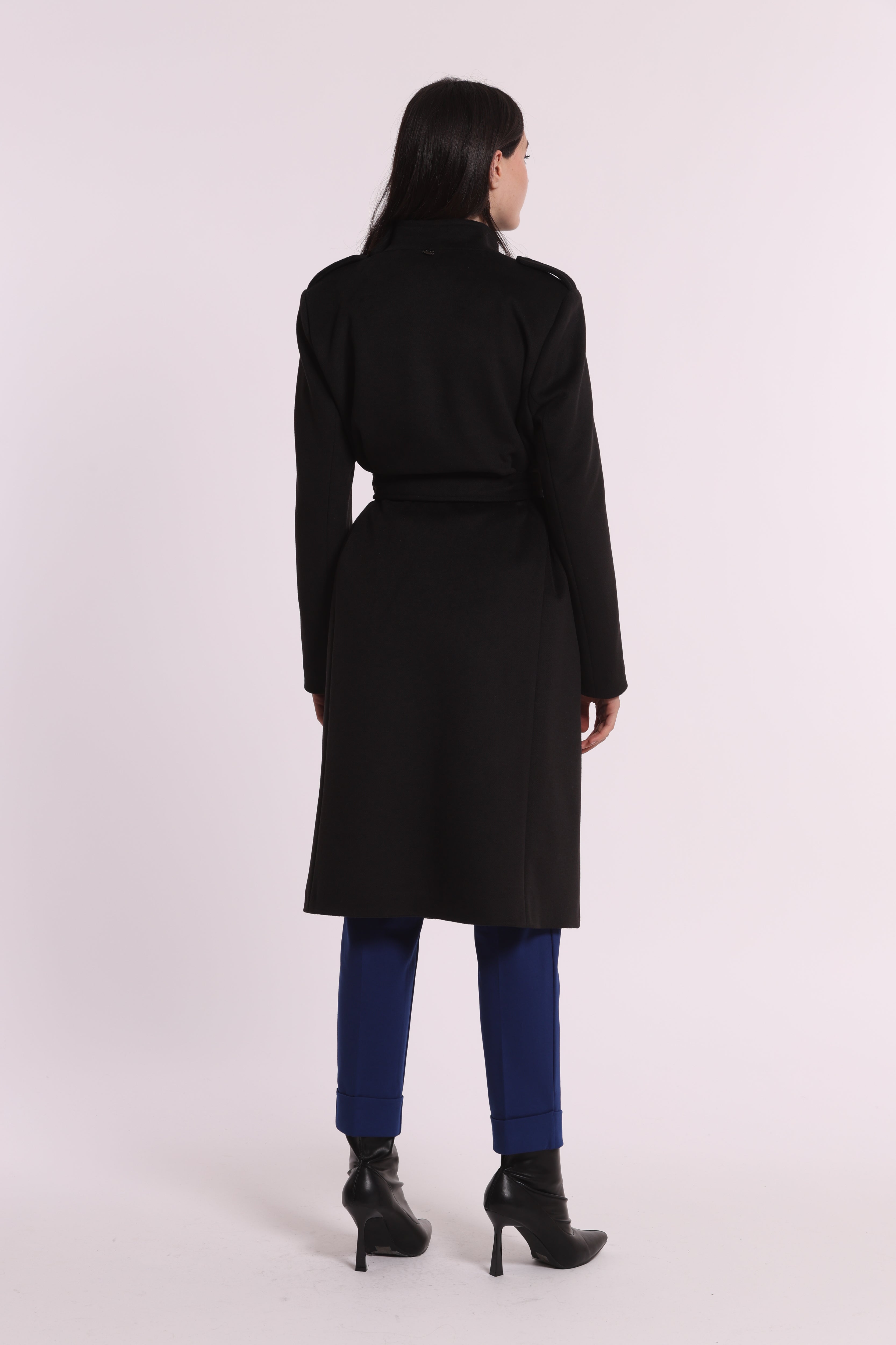Mimi Mua Cappotto Cintura Bottoni Militari Nero
