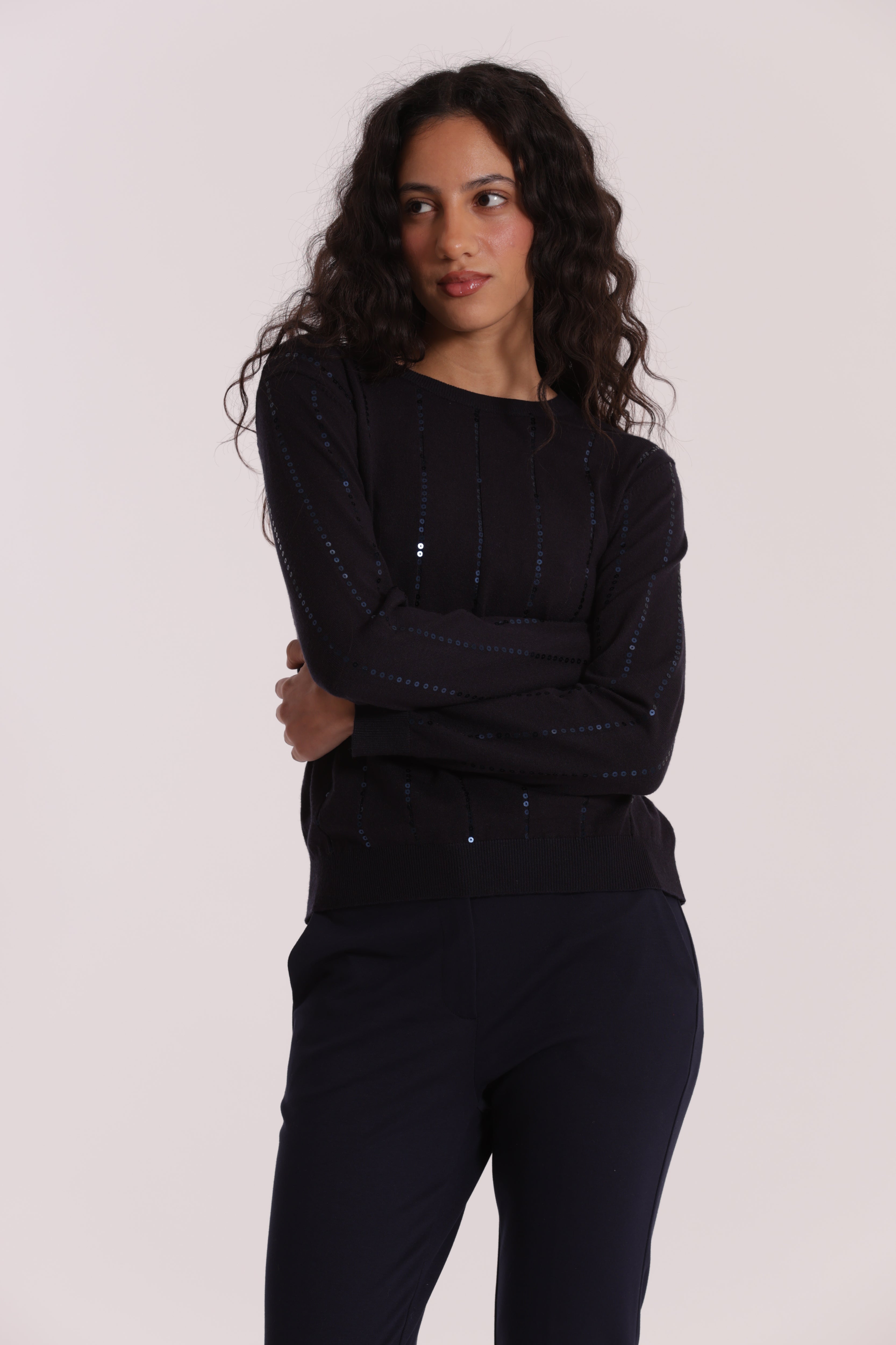 Mimi Mua Maglia Scollo Tondo Paillettes Nero