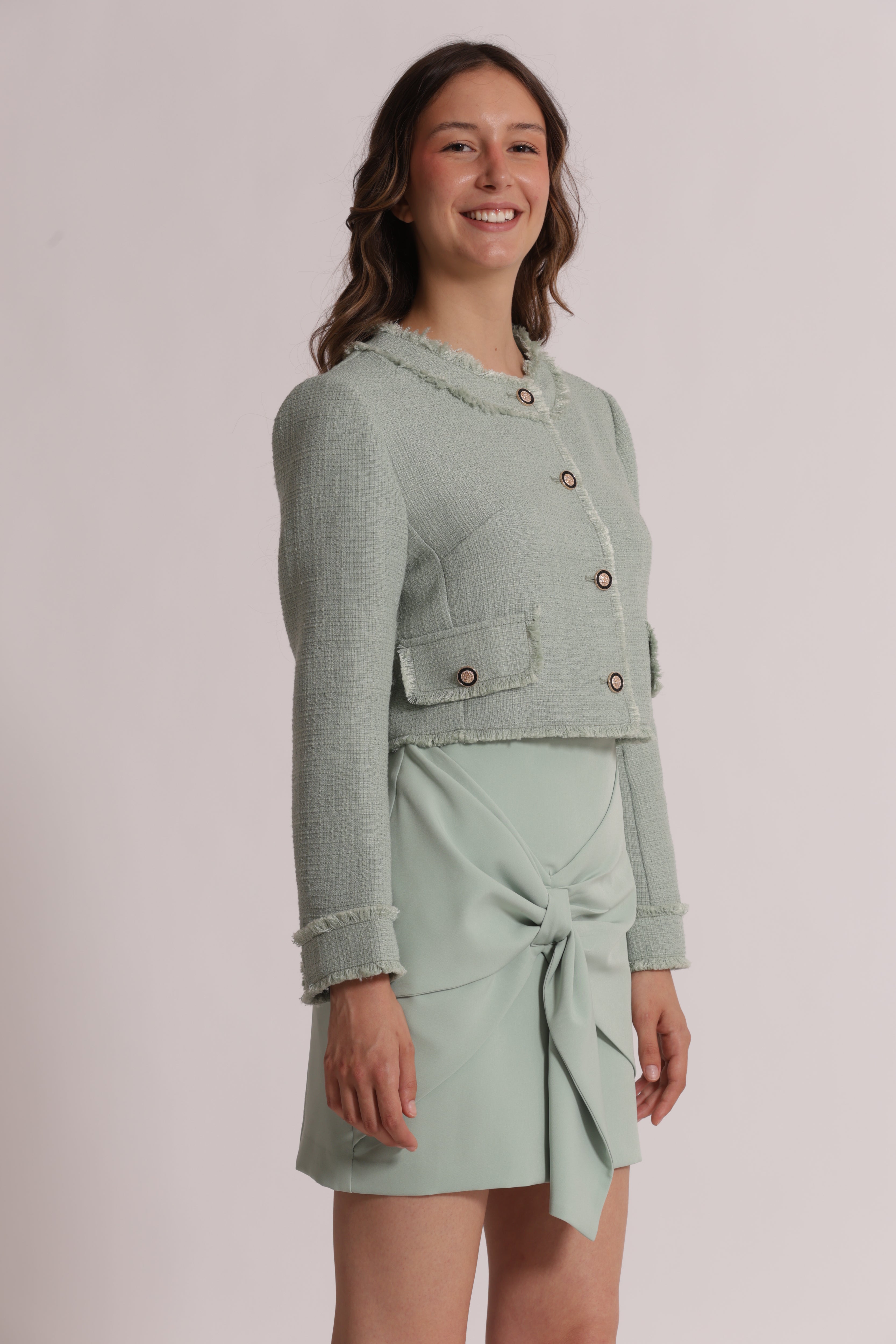 Mimi Mua Giacca Tweed Bottoni Gioiello Giacca Verde Menta