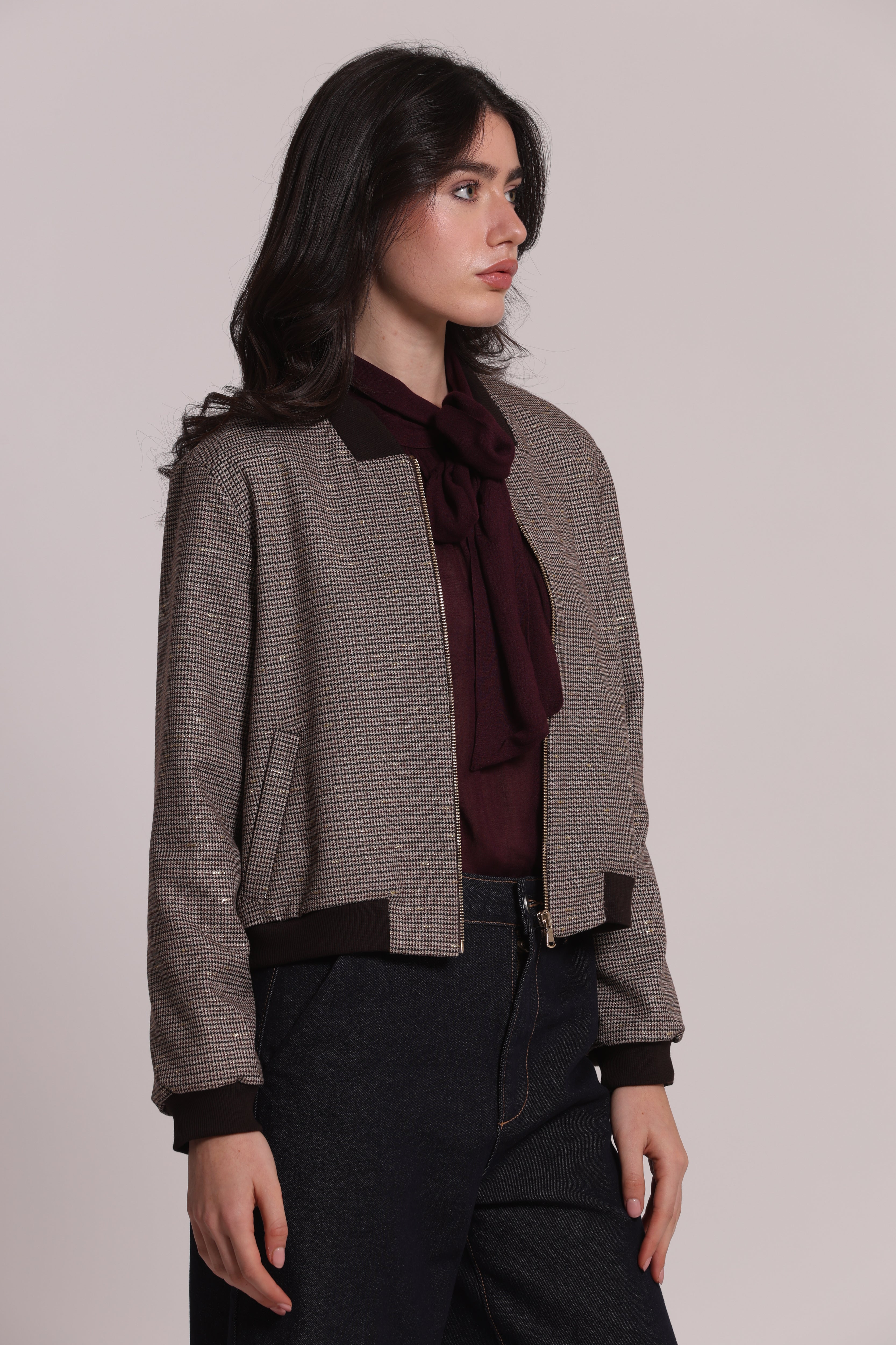 Mimi Mua Giacca Bomber Zip Pied de Poule Lurex Bordeaux/Beige