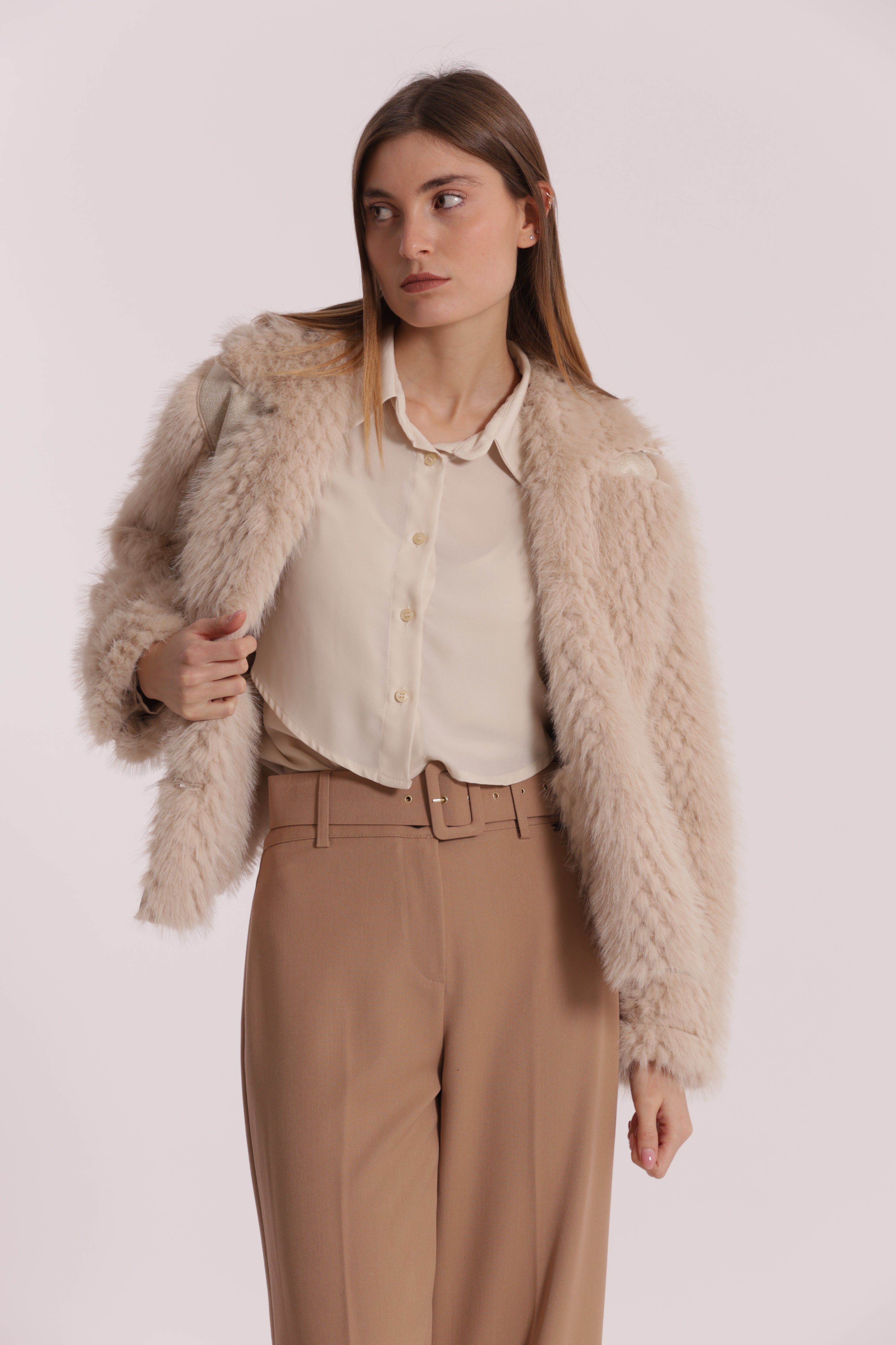 Mimi Mua Giubbotto Cropped Reversibile montone beige