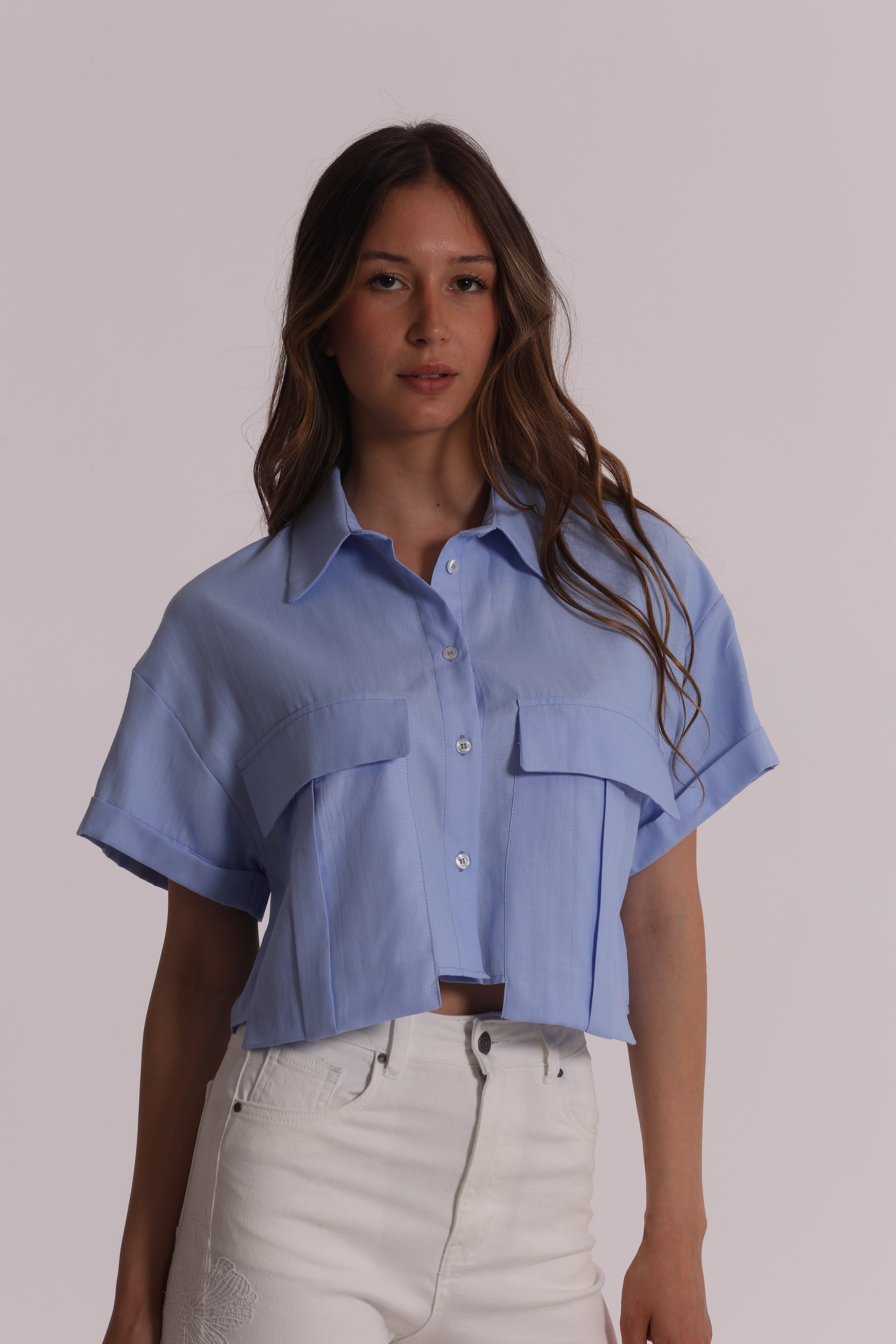 Mimi Mua Camicia Cropped Oxford Tasche Bianca Corta