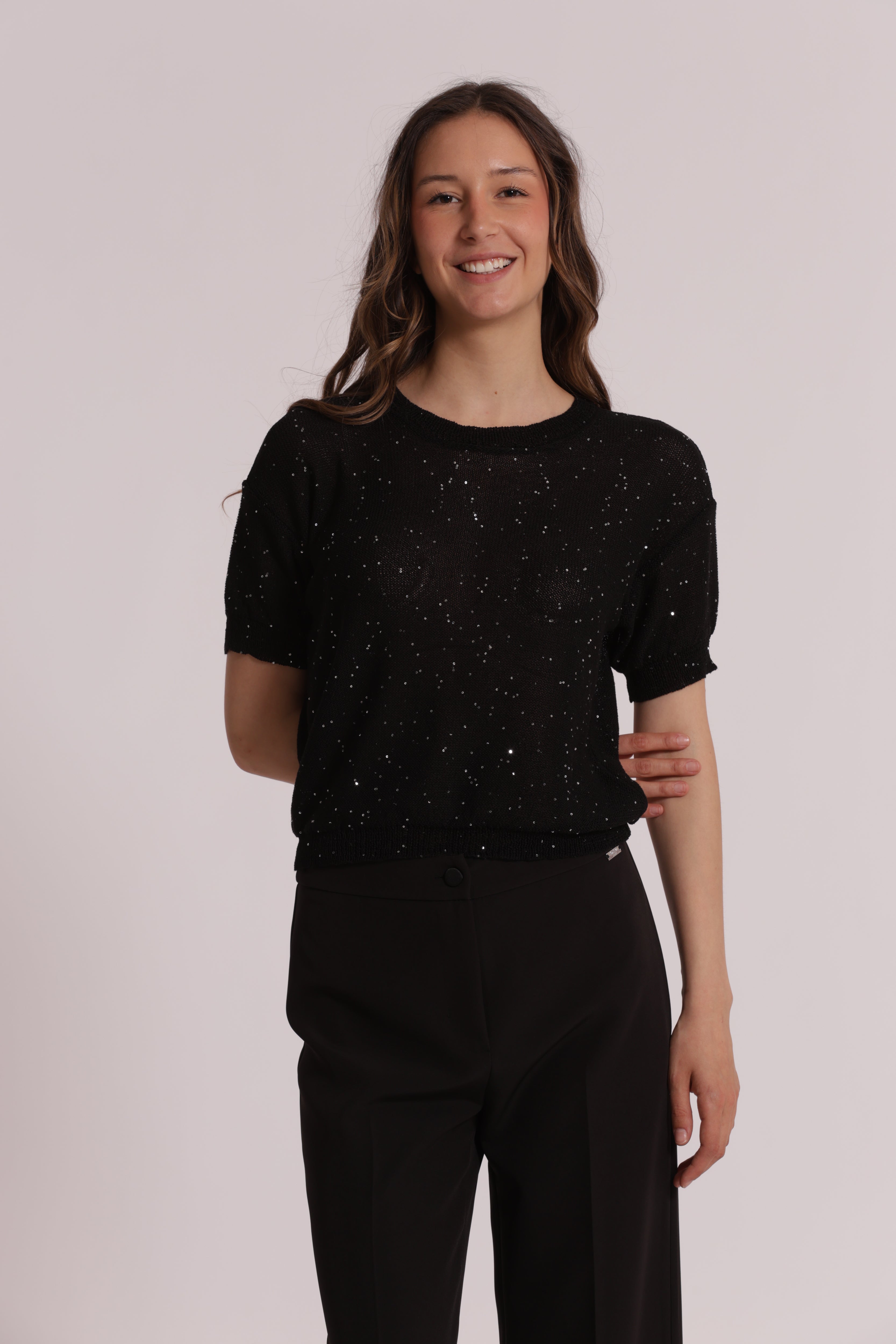 Mimi Mua Maglia Paillettes Trasparente Nero Maniche Corte