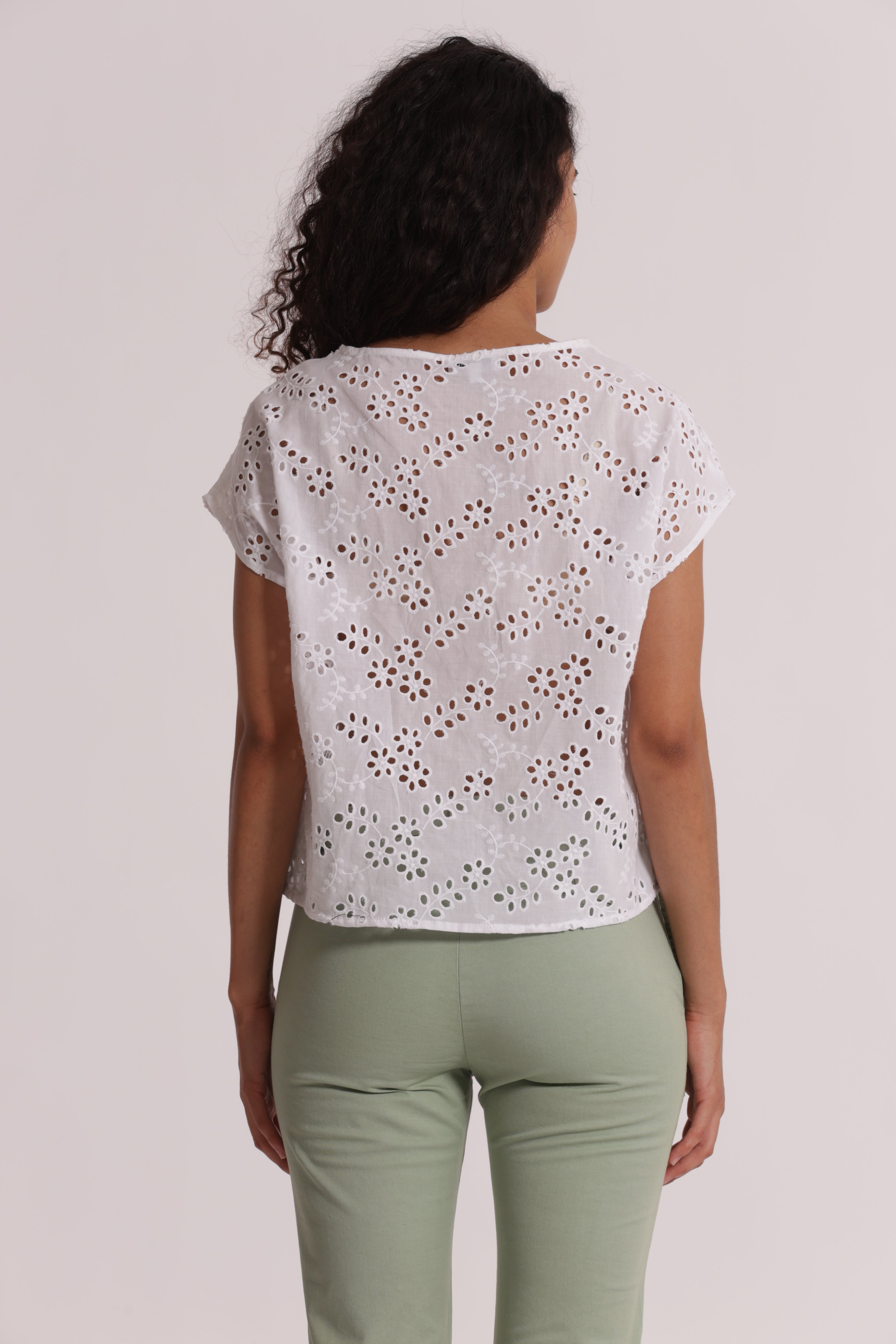 Mimi Mua Scollo Tondo Sangallo blusa bianco cotone