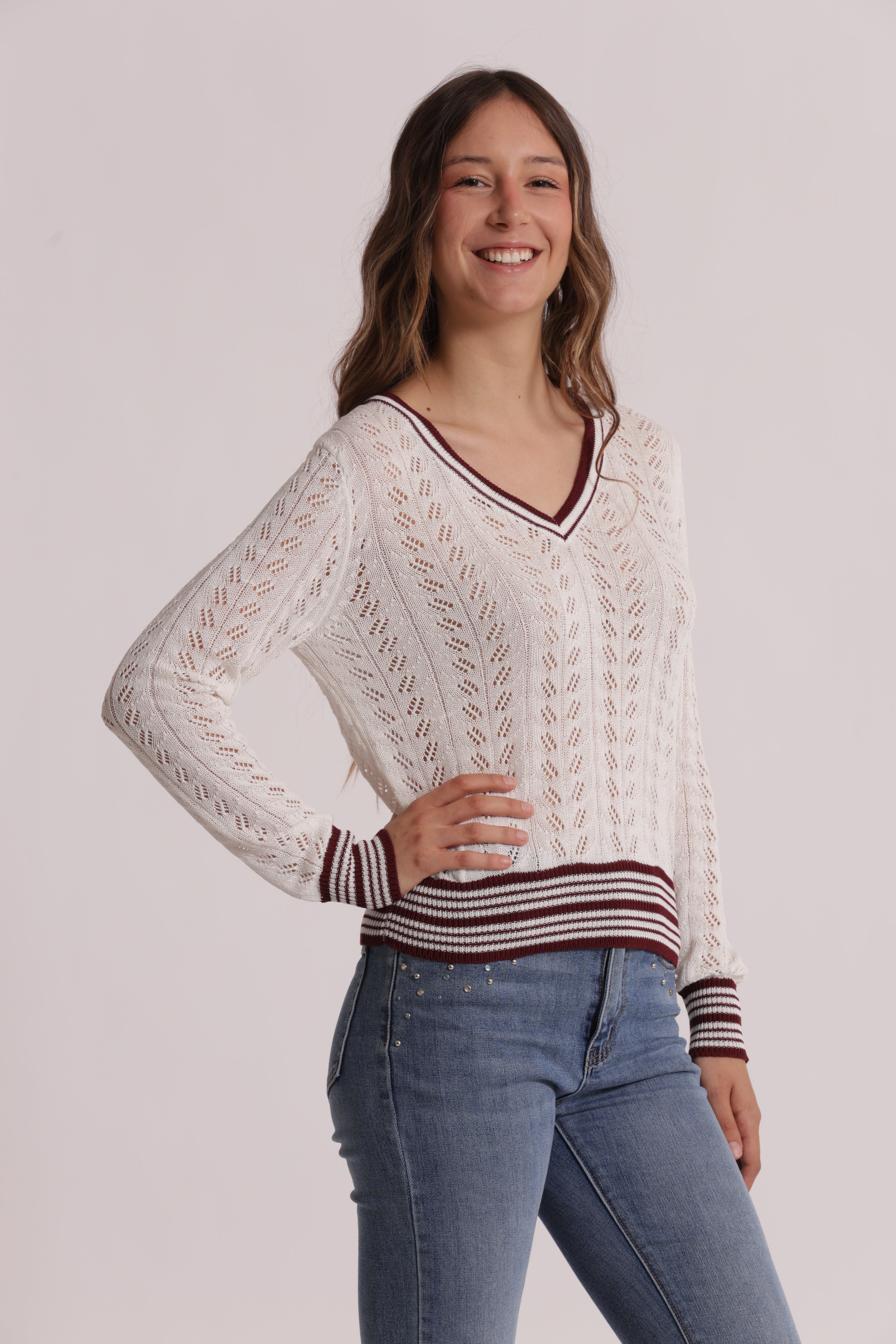 Mimi Mua Maglia Traforata Scollo V Panna Bicolor Leggera