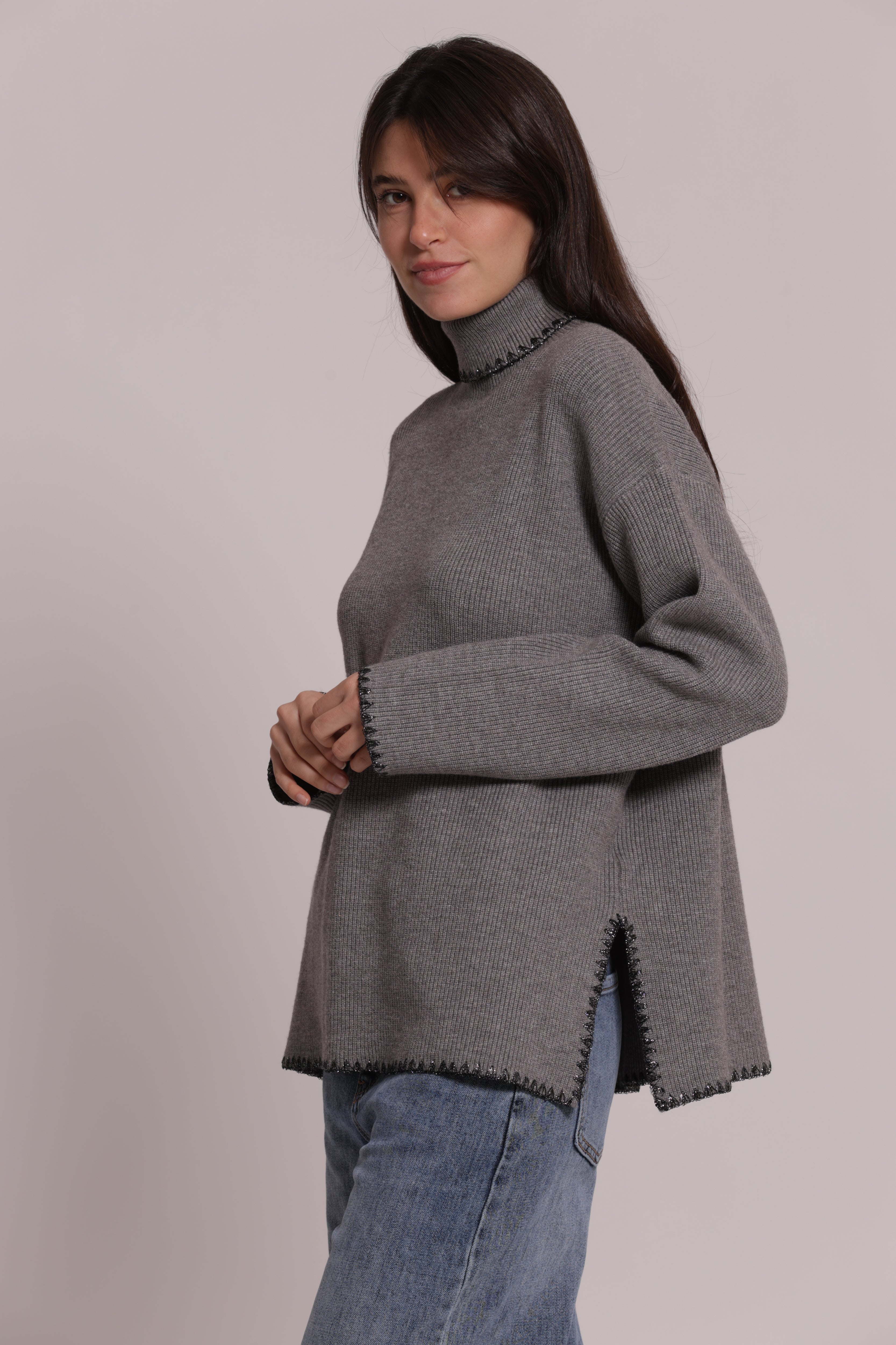 Mimi Mua Maglia Collo Alto Lurex Panna Elasticizzata