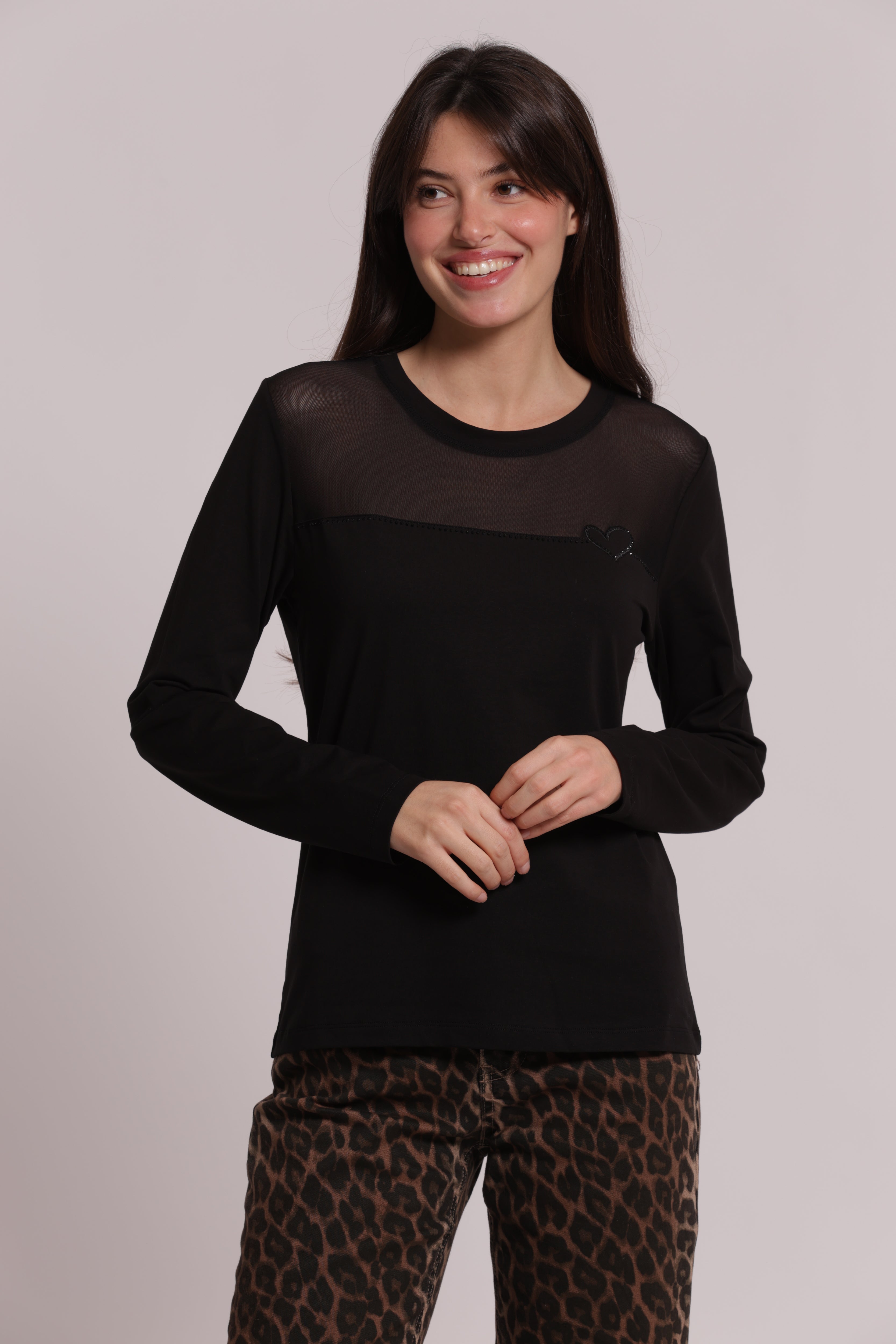Mimi Mua t-shirt maniche lunghe trasparenza nera