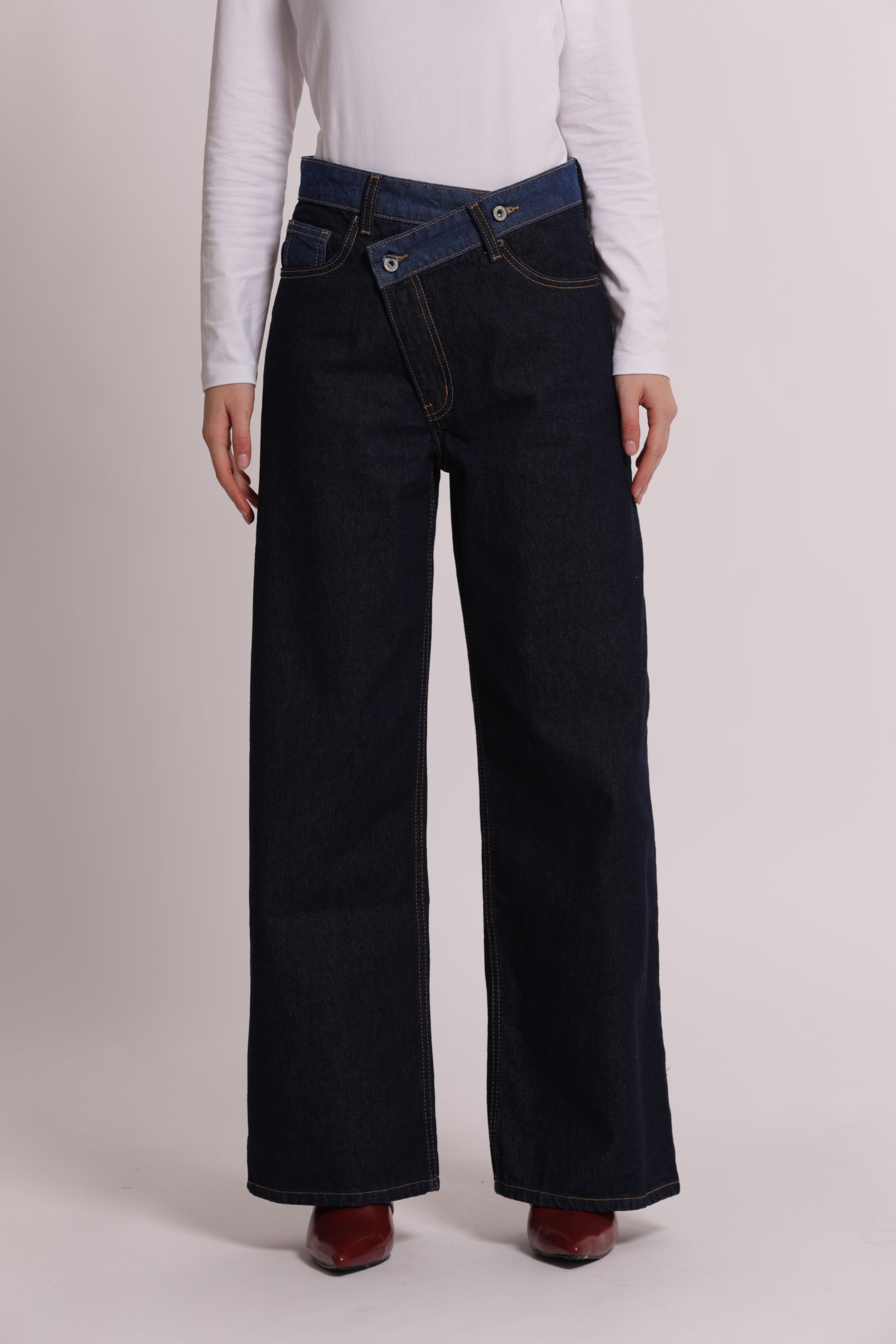 Mimi Mua Jeans Gamba Larga Vita Incrociata blu