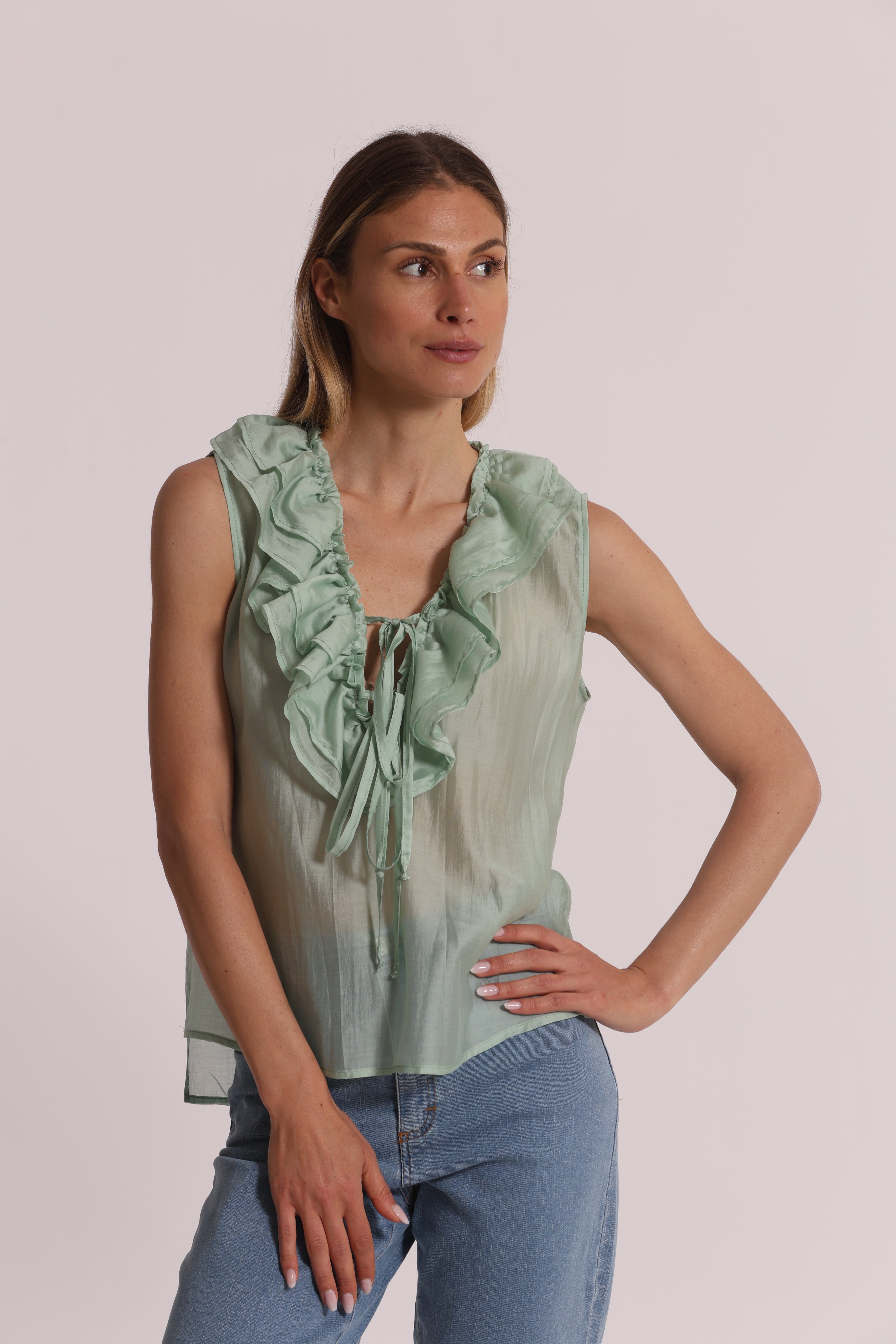 Mimi Mua Blusa Smanicata con Rouches Bianco