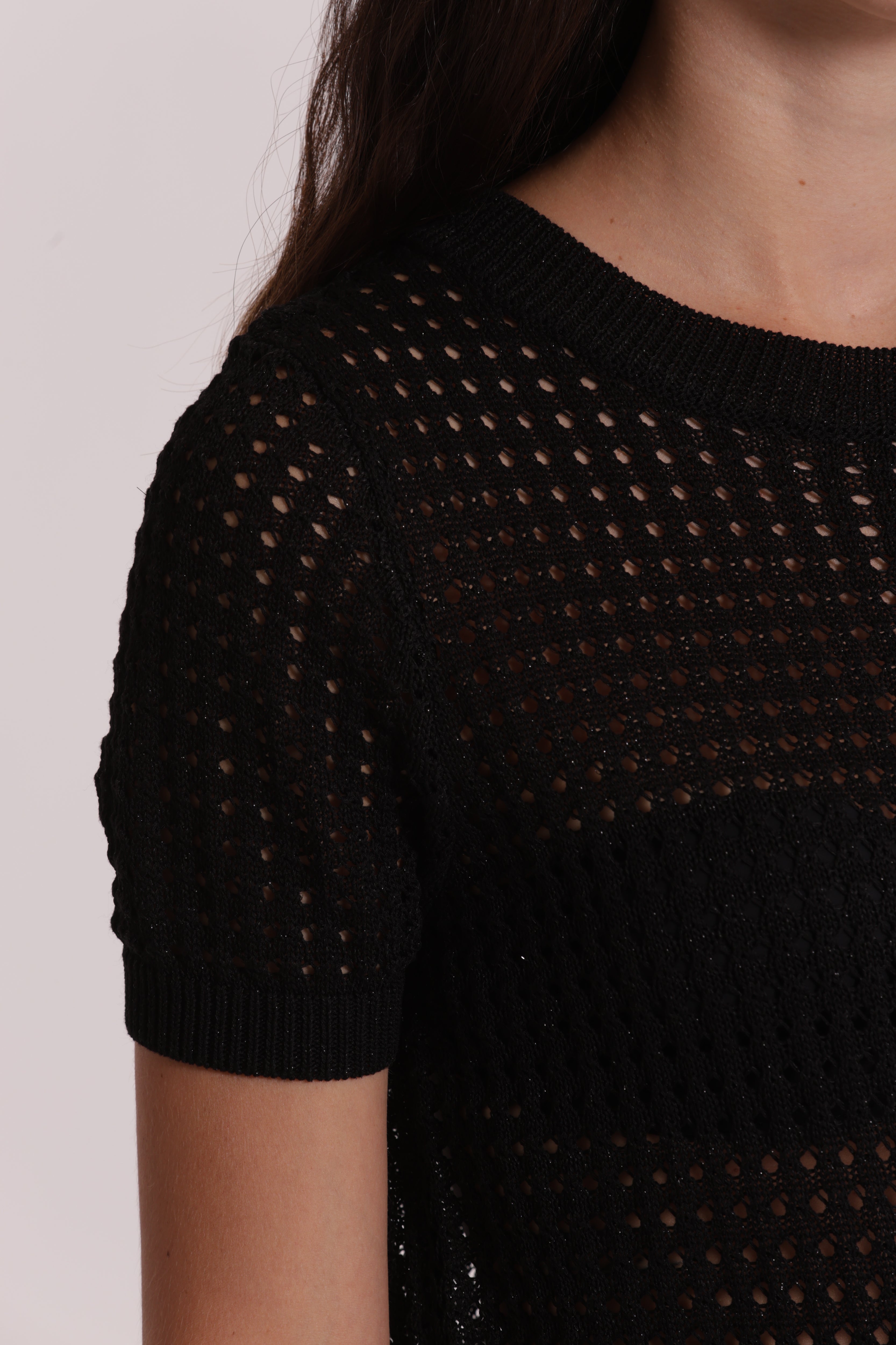 Mimi Mua Maglia Traforata Maniche Corte Nero Viscosa