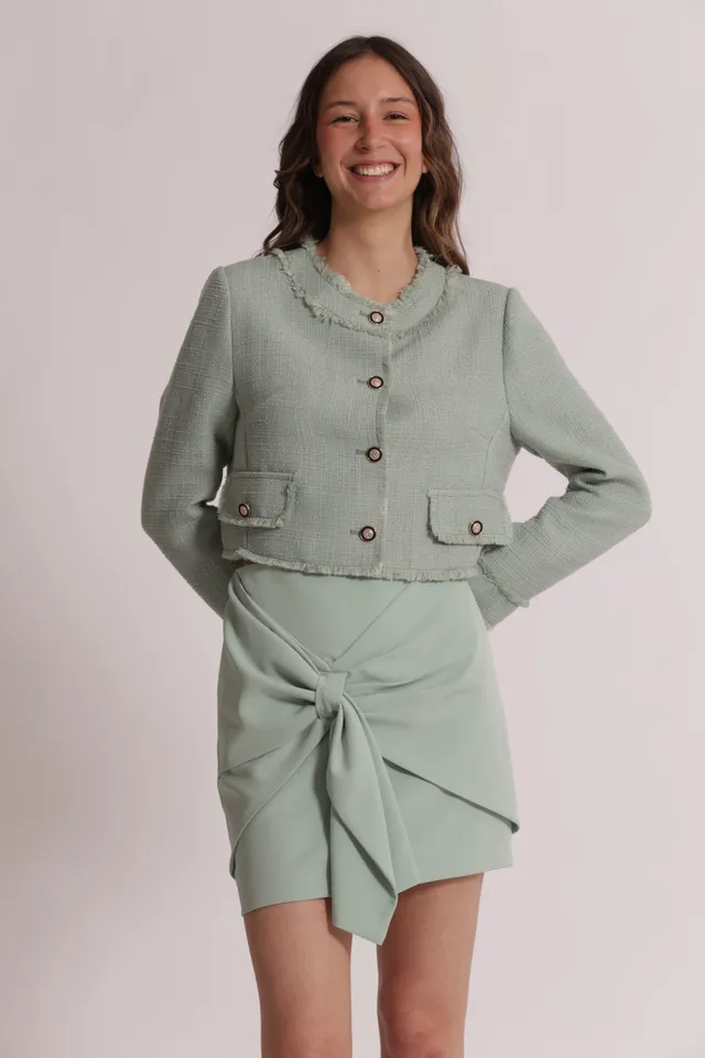 Mimi Mua Giacca Tweed Bottoni Gioiello Giacca Verde Menta