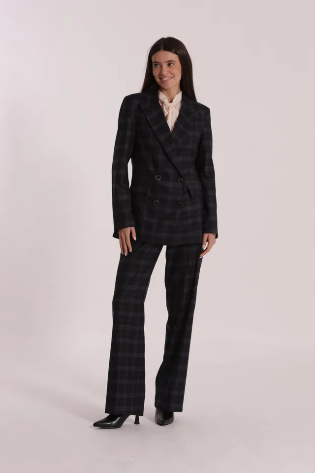 Mimi Mua Pantalone Dritto Check Blu Elasticizzato