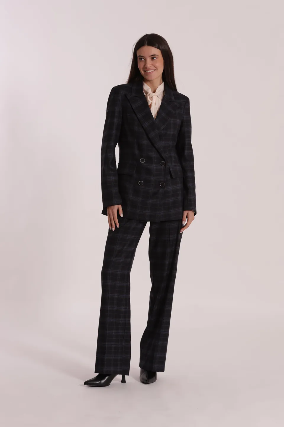 Mimi Mua Pantalone Dritto Check Blu Elasticizzato