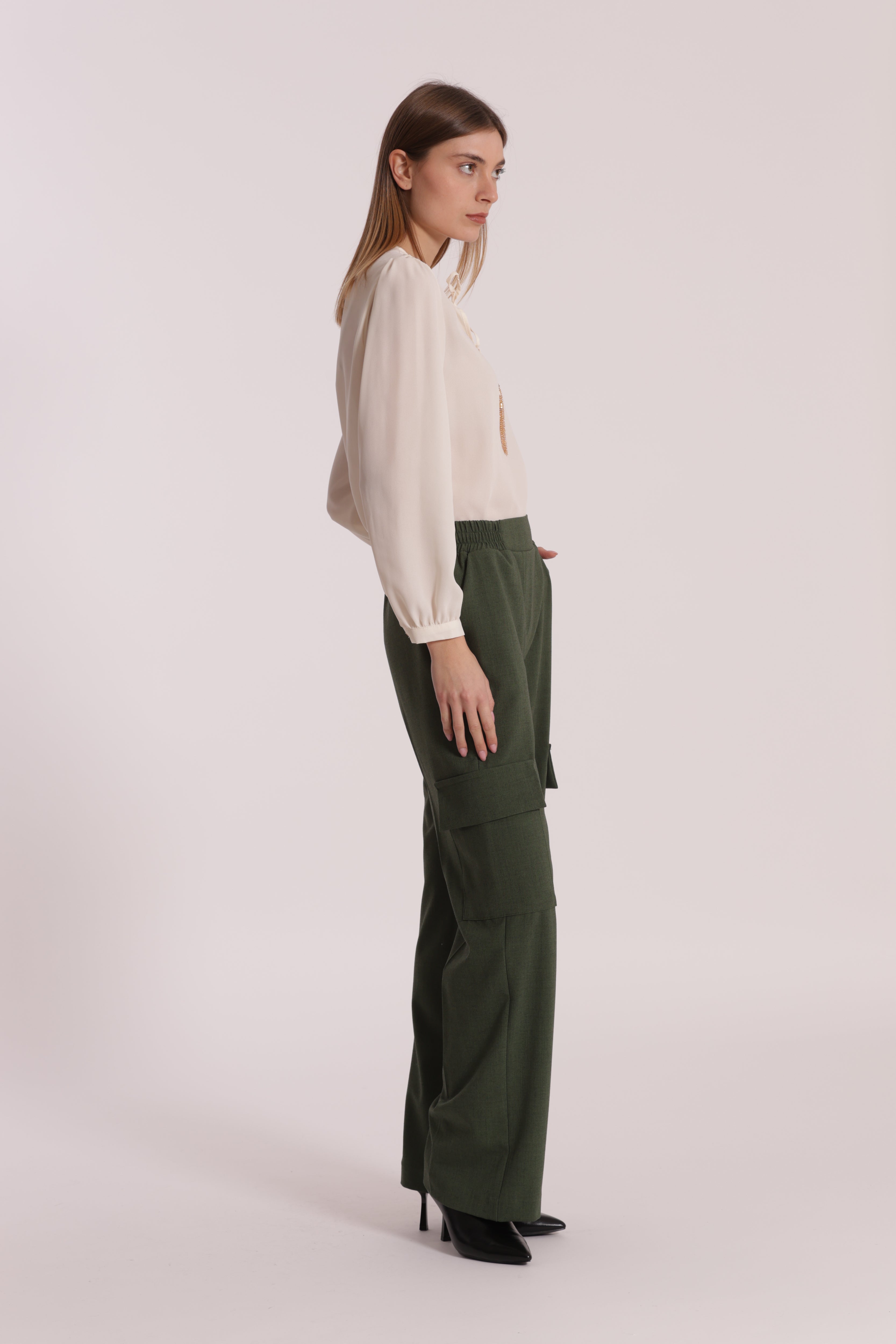Mimi Mua Pantalone palazzo verde militare fiammato