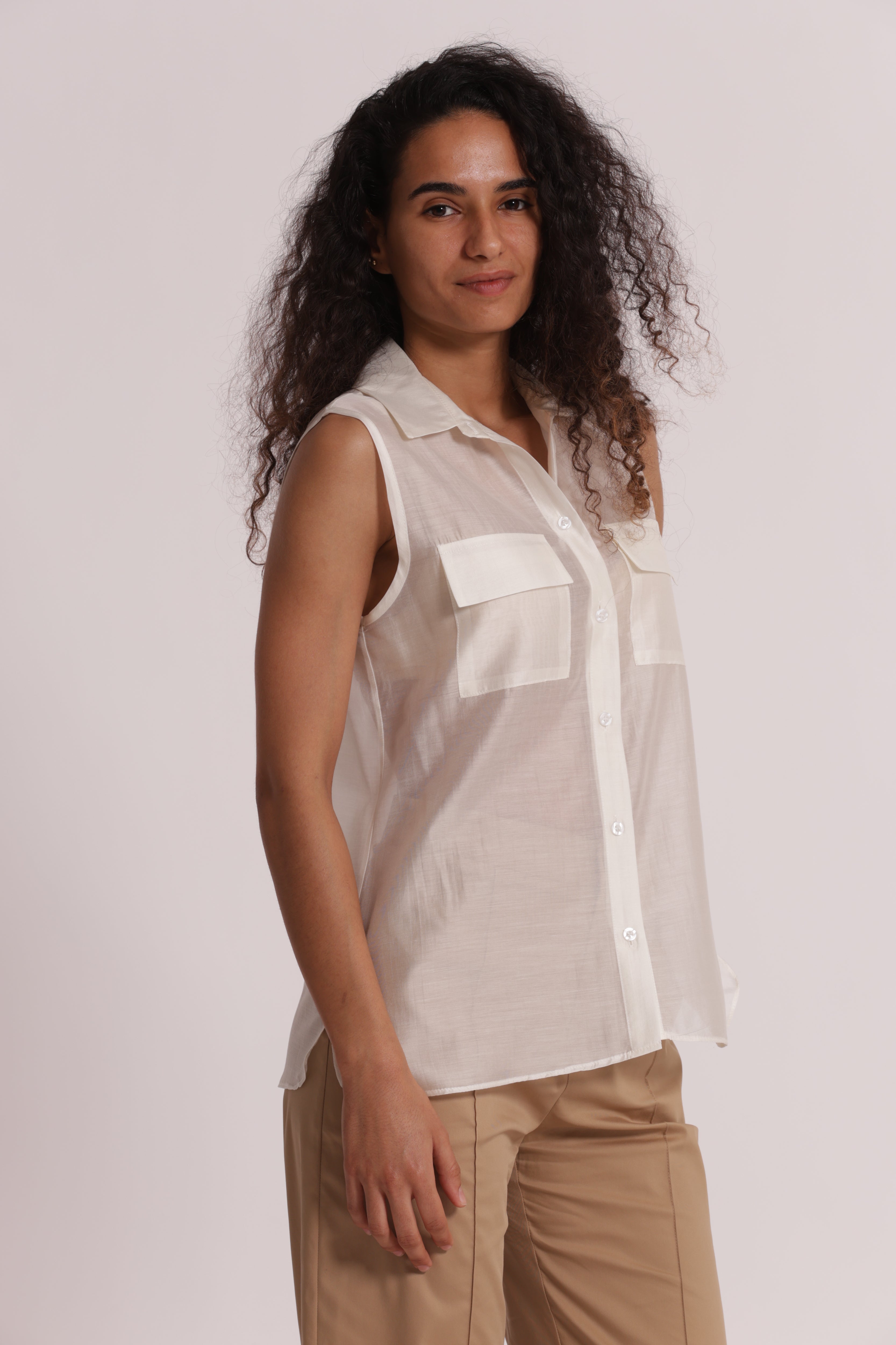 Mimi Mua Camicia Smanicata Tessuto Leggero Bianco
