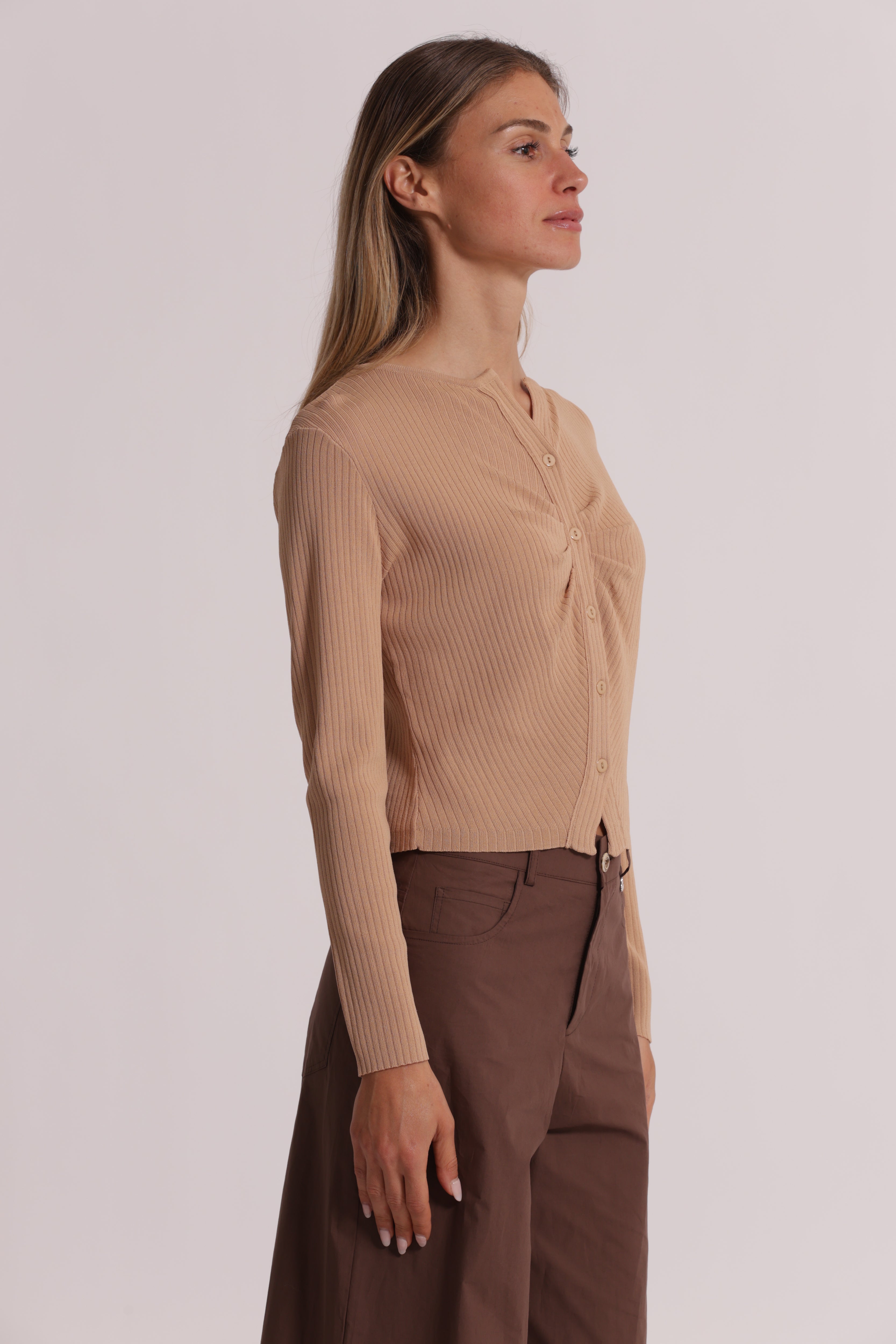 Mimi Mua Cardigan Maglia Increspato Panna Morbido