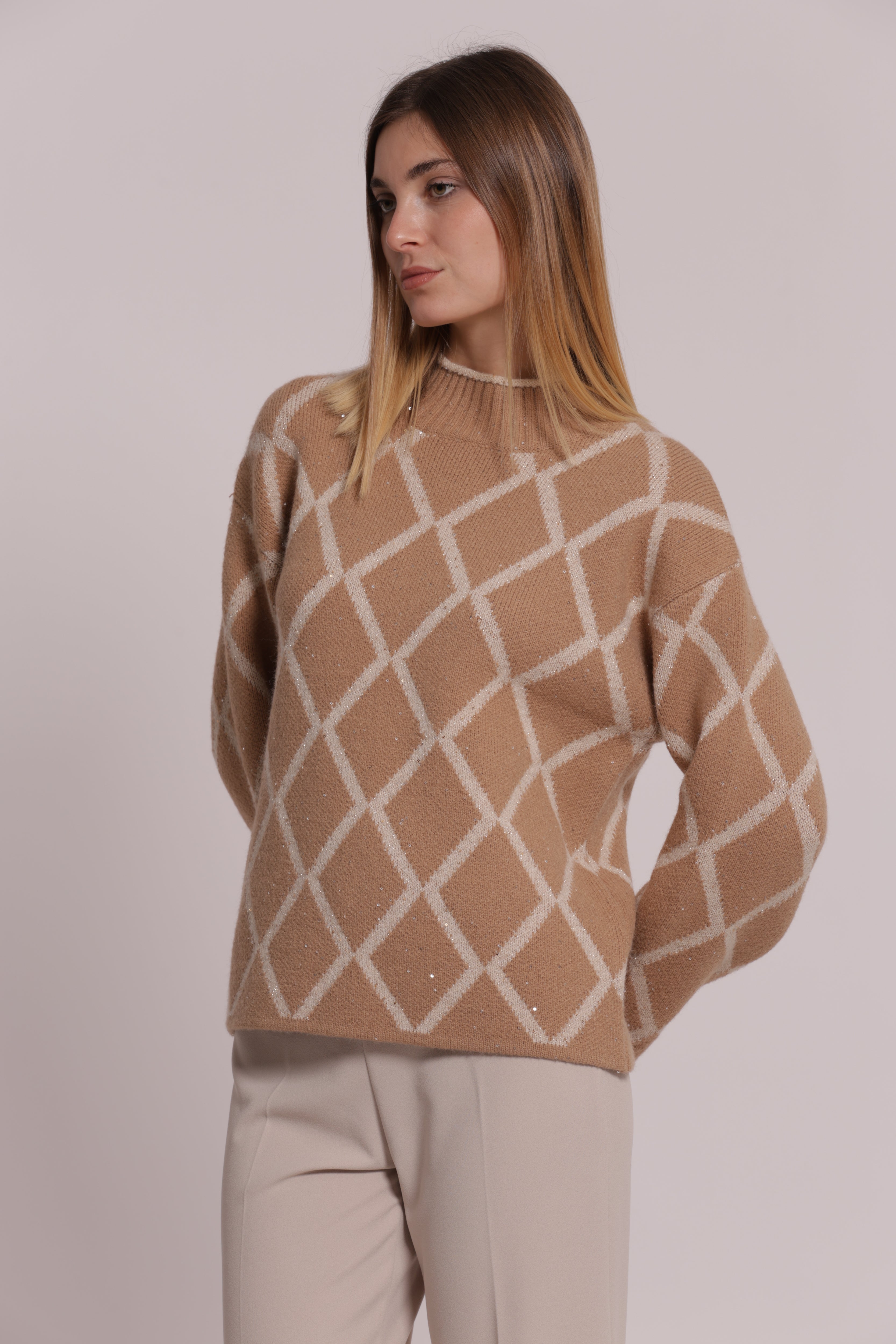 Mimi Mua Maglia Lupetto Paillettes Beige collo alto