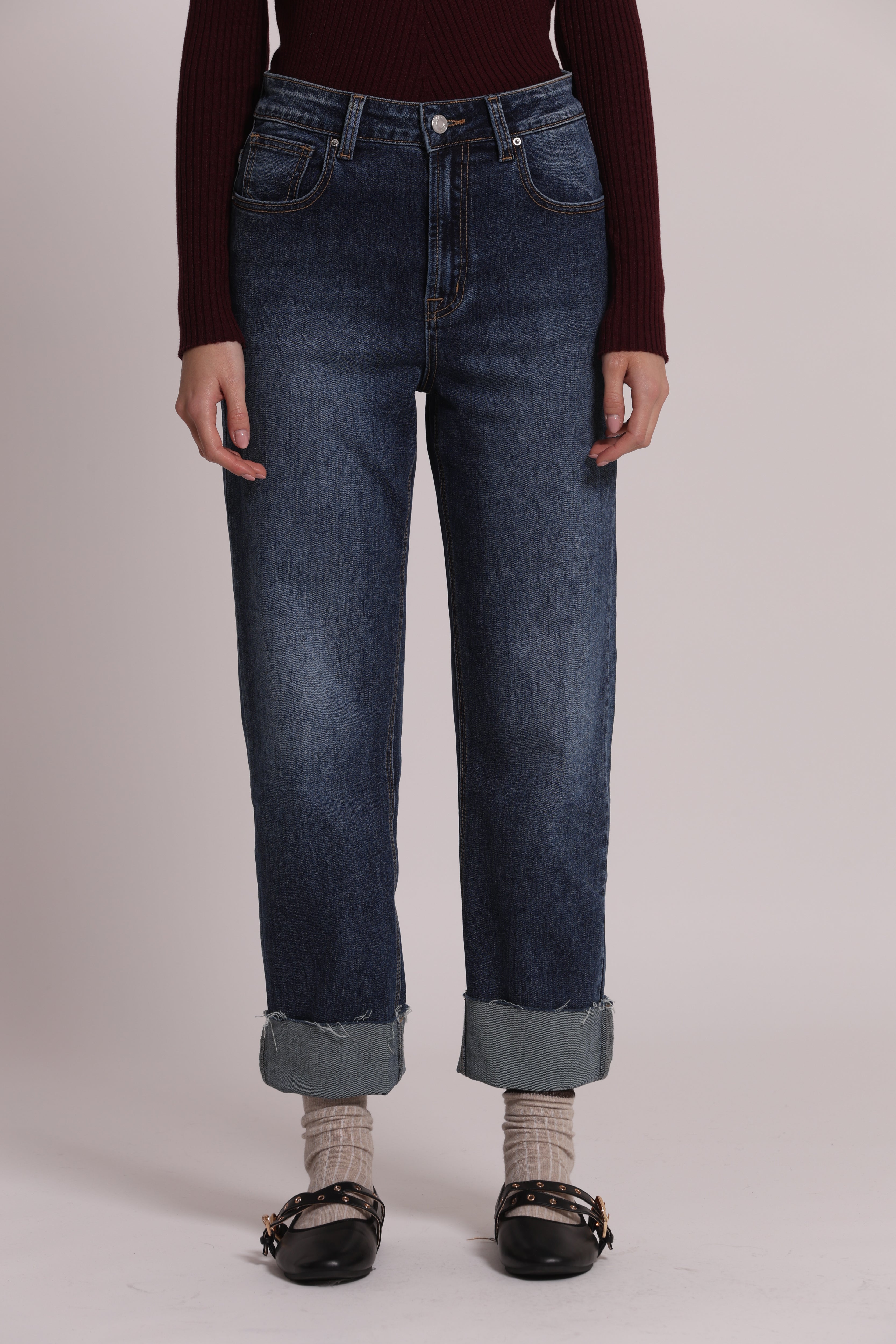 Mimi Mua Jeans Risvolto sul Fondo blu medio cotone