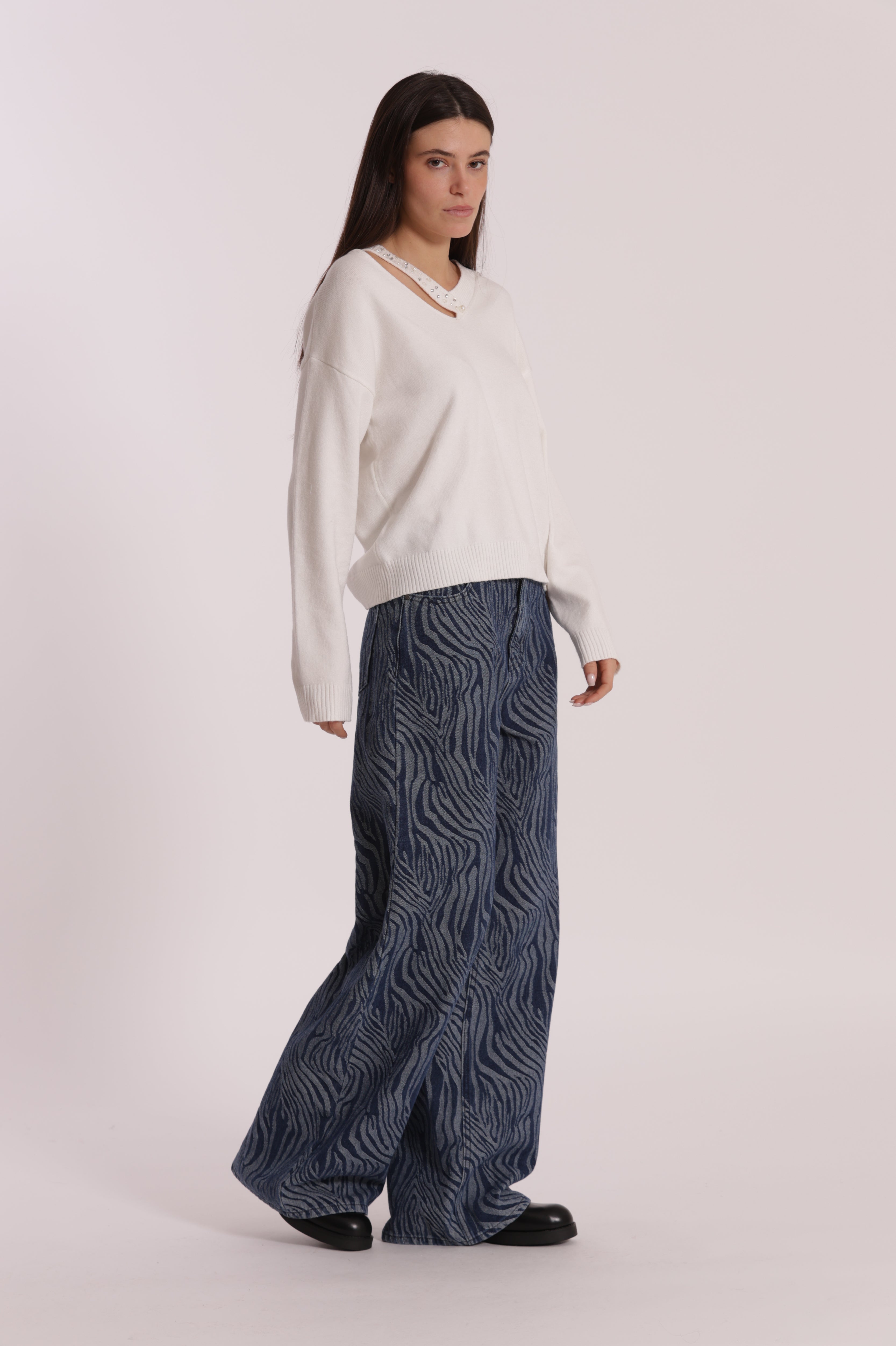 Mimi Mua Jeans Palazzo Jacquard Animalier Blu Scuro