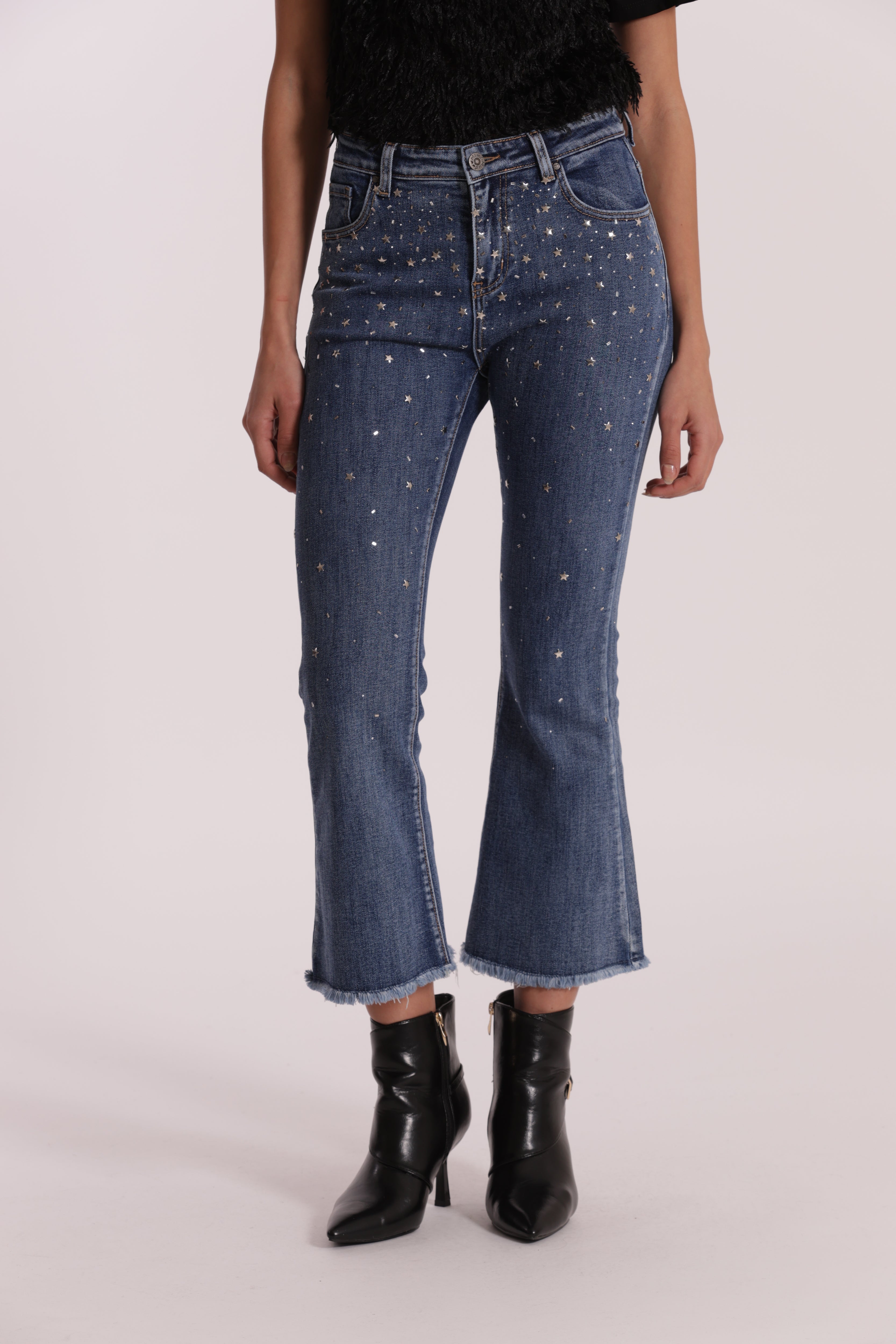 Mimi Mua jeans cropped flare strass e borchie blu medio