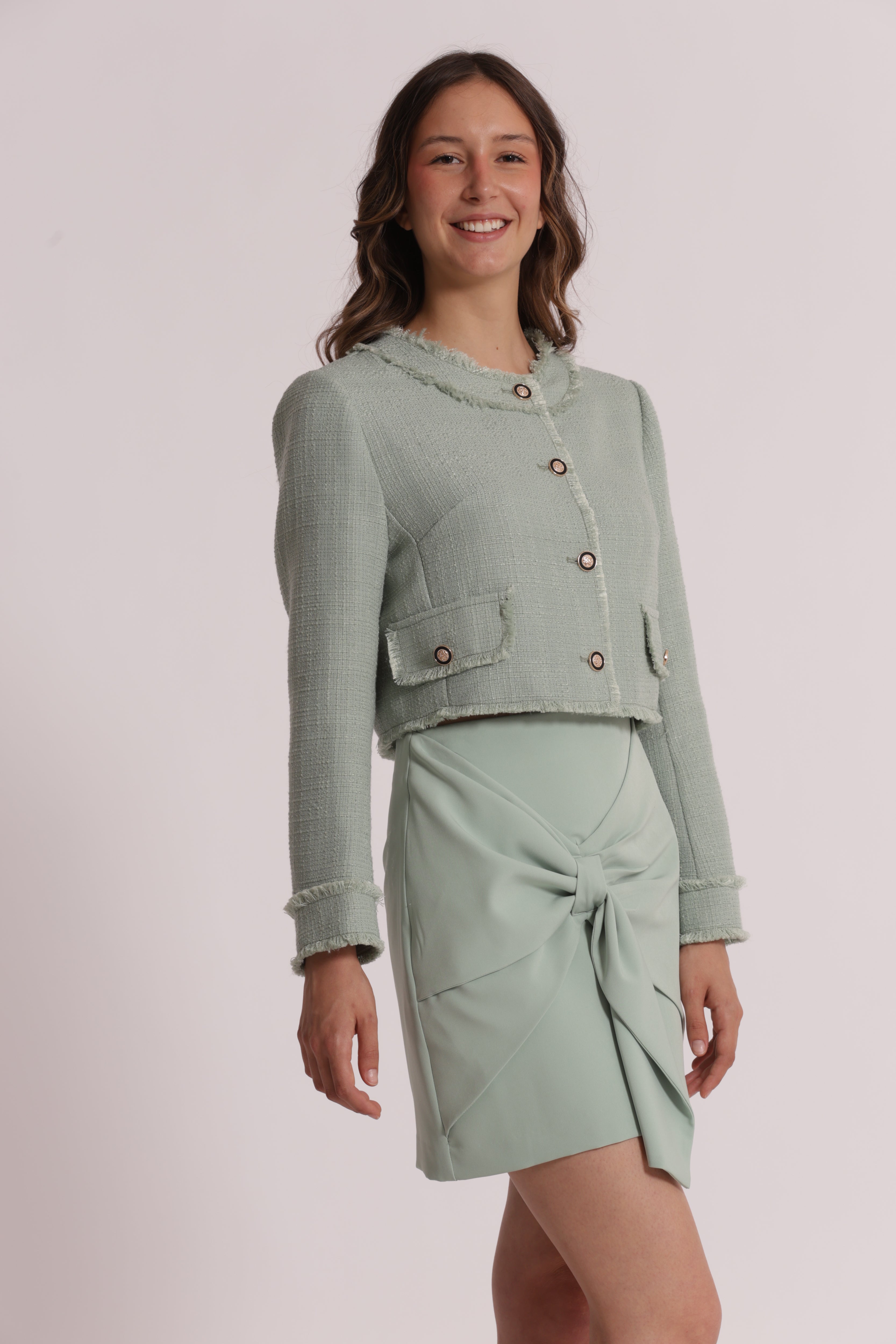 Mimi Mua Giacca Tweed Bottoni Gioiello Giacca Verde Menta
