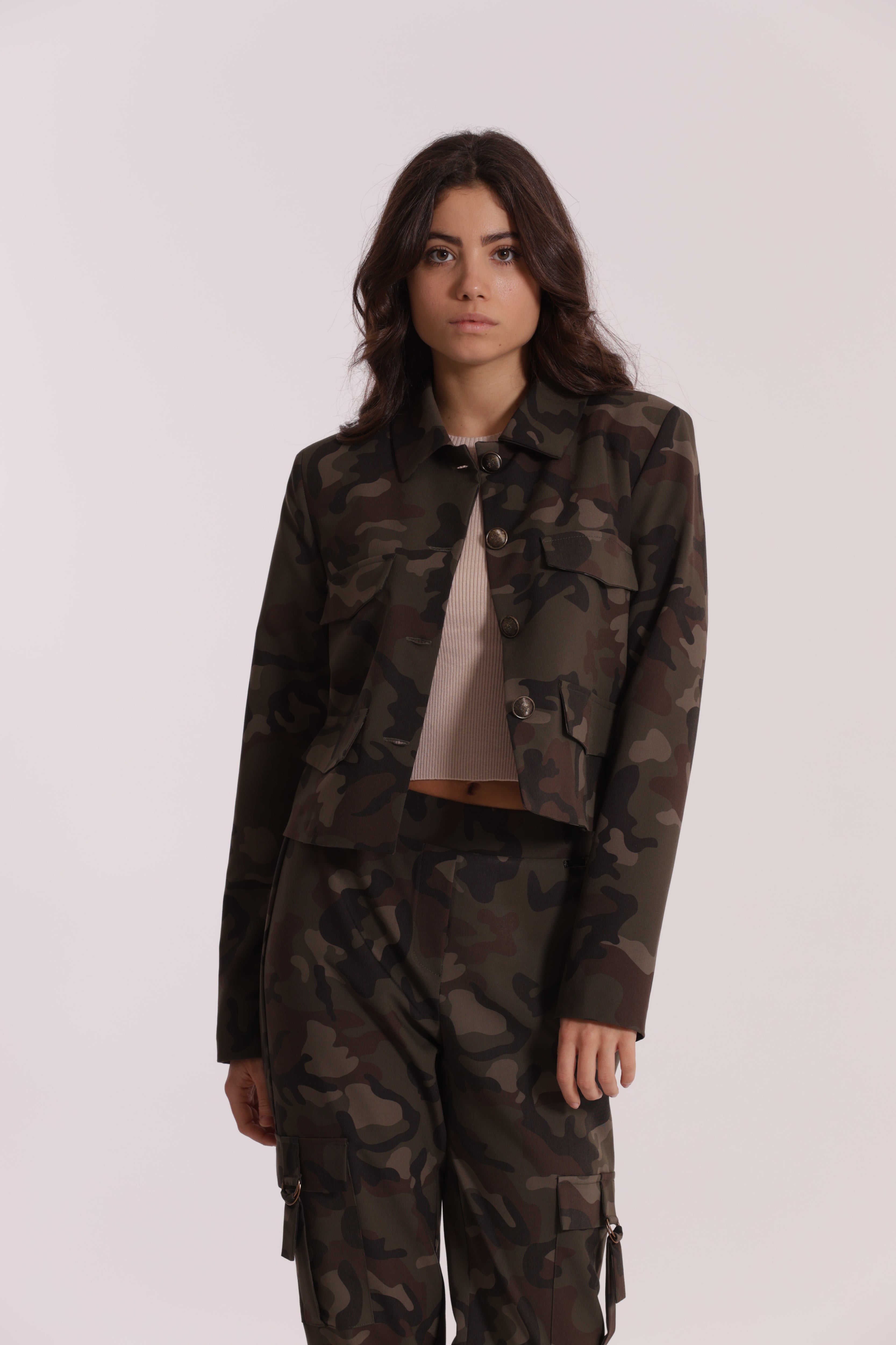 Mimi Mua Giacca Cropped Camouflage Verde Militare