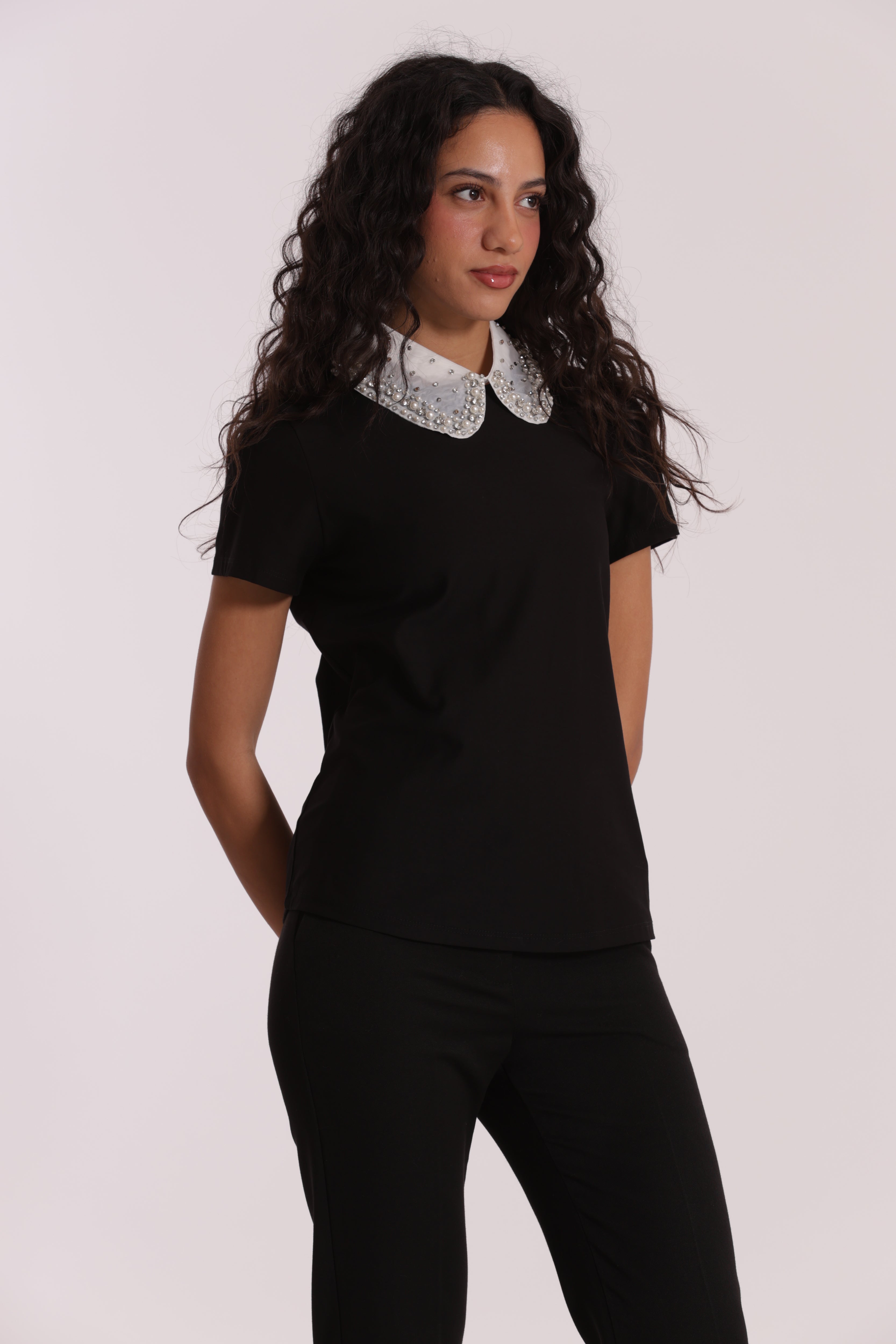Mimi Mua con Colletto Decorato T-Shirt Bianco Cotone
