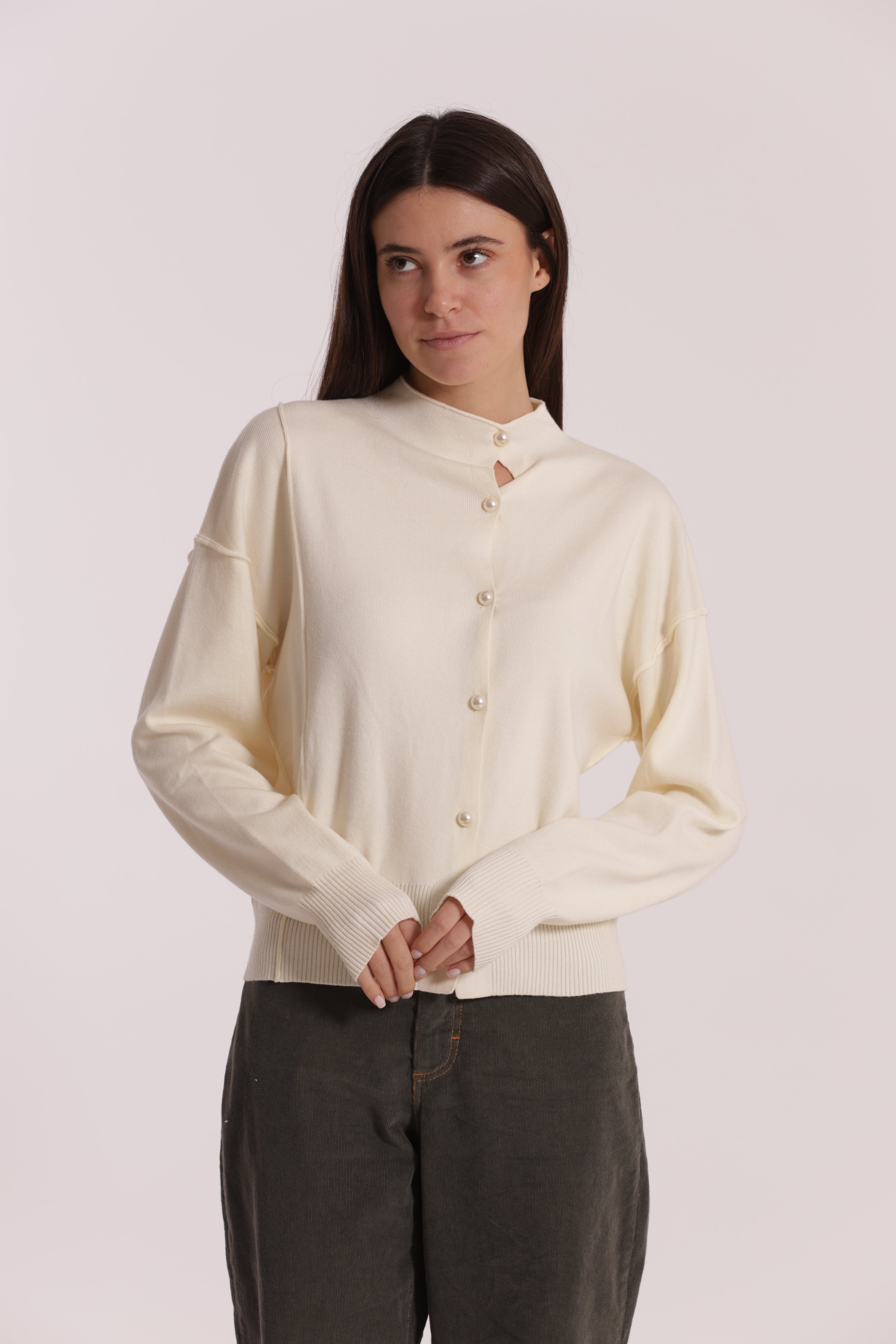 Mimi Mua Maglia Cardigan Bottoni Perle Nero