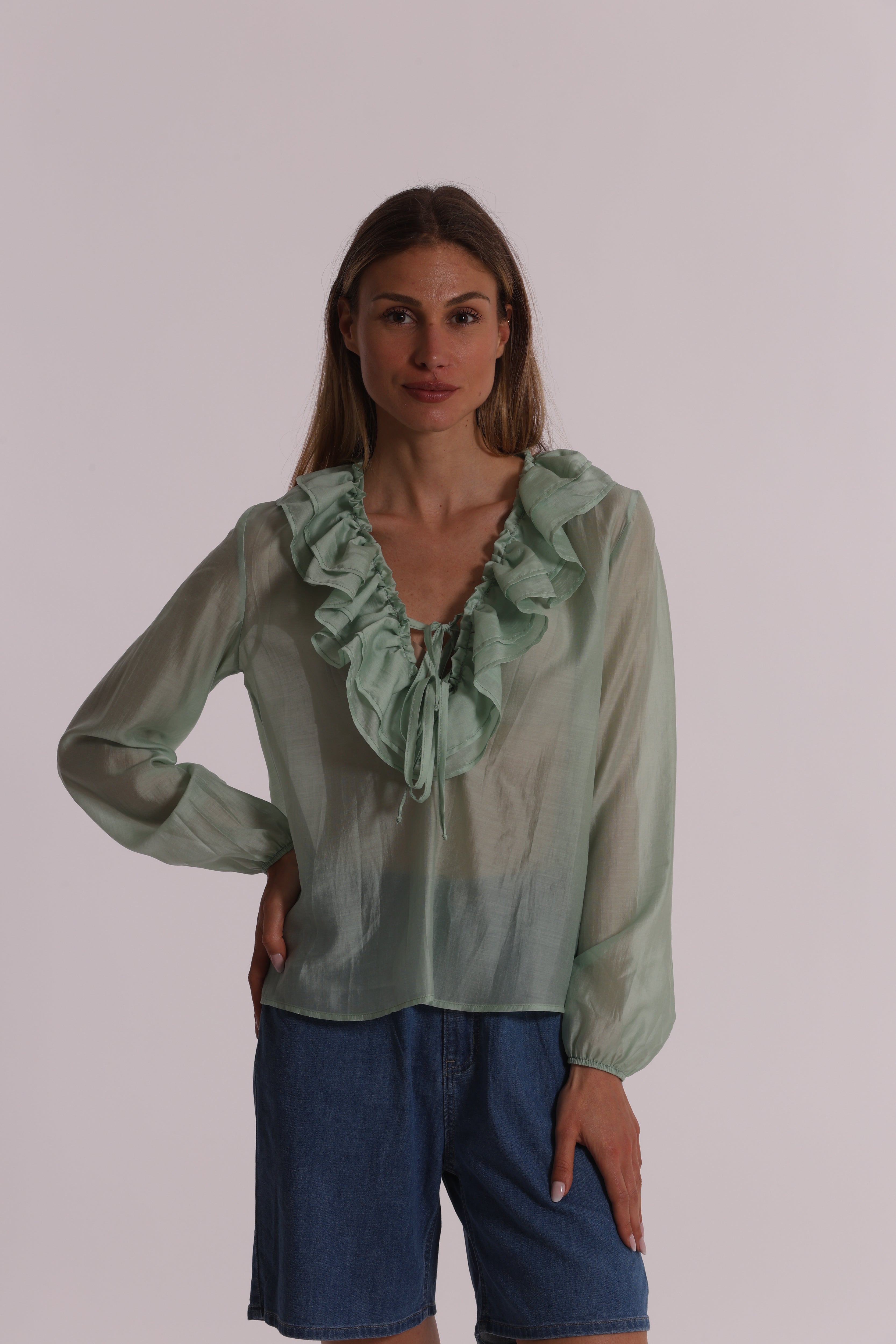 Mimi Mua Rouches Blusa Bianca Maniche Lunghe XS