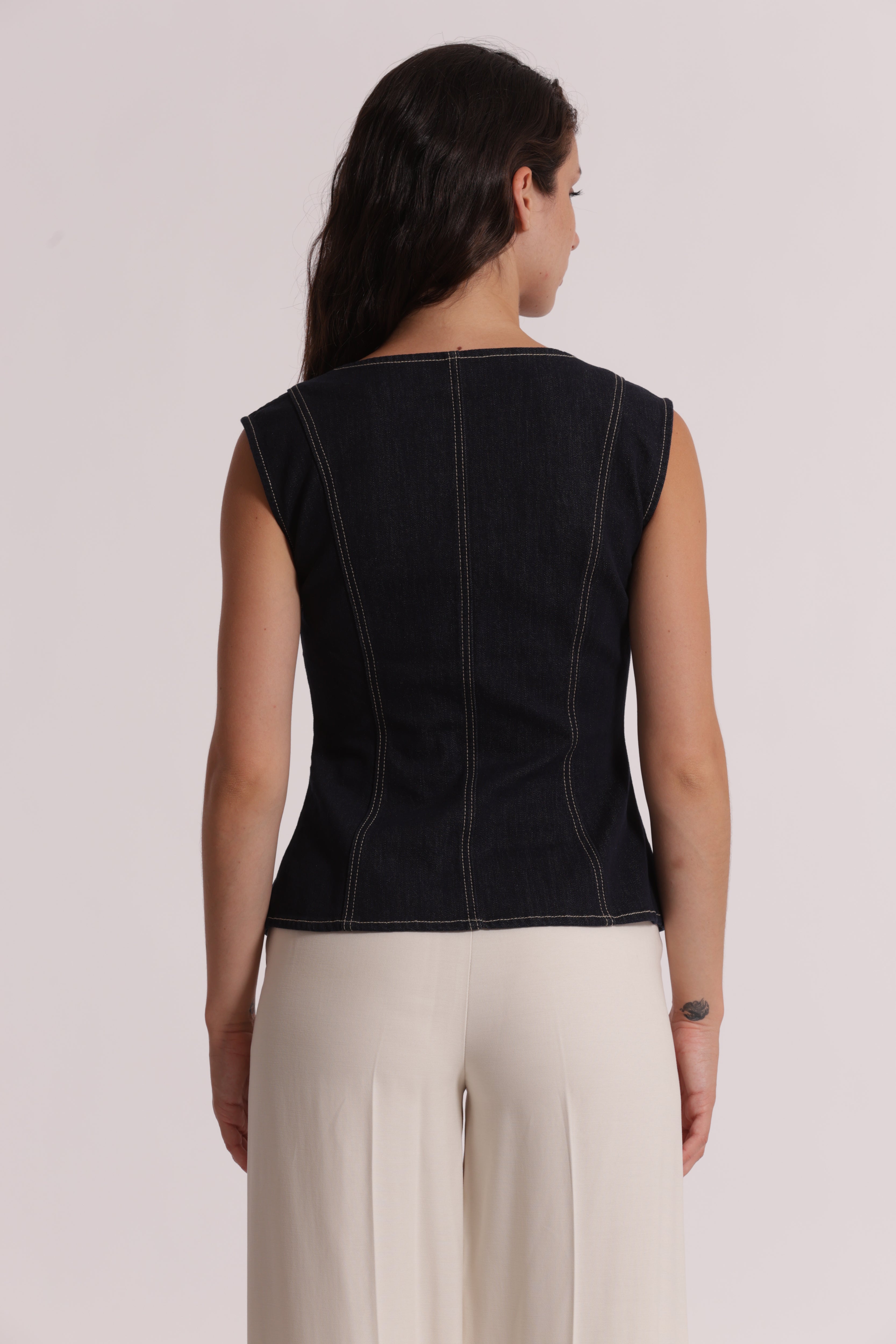 Mimi Mua Gilet in Denim con Bottoni Oro blu scuro