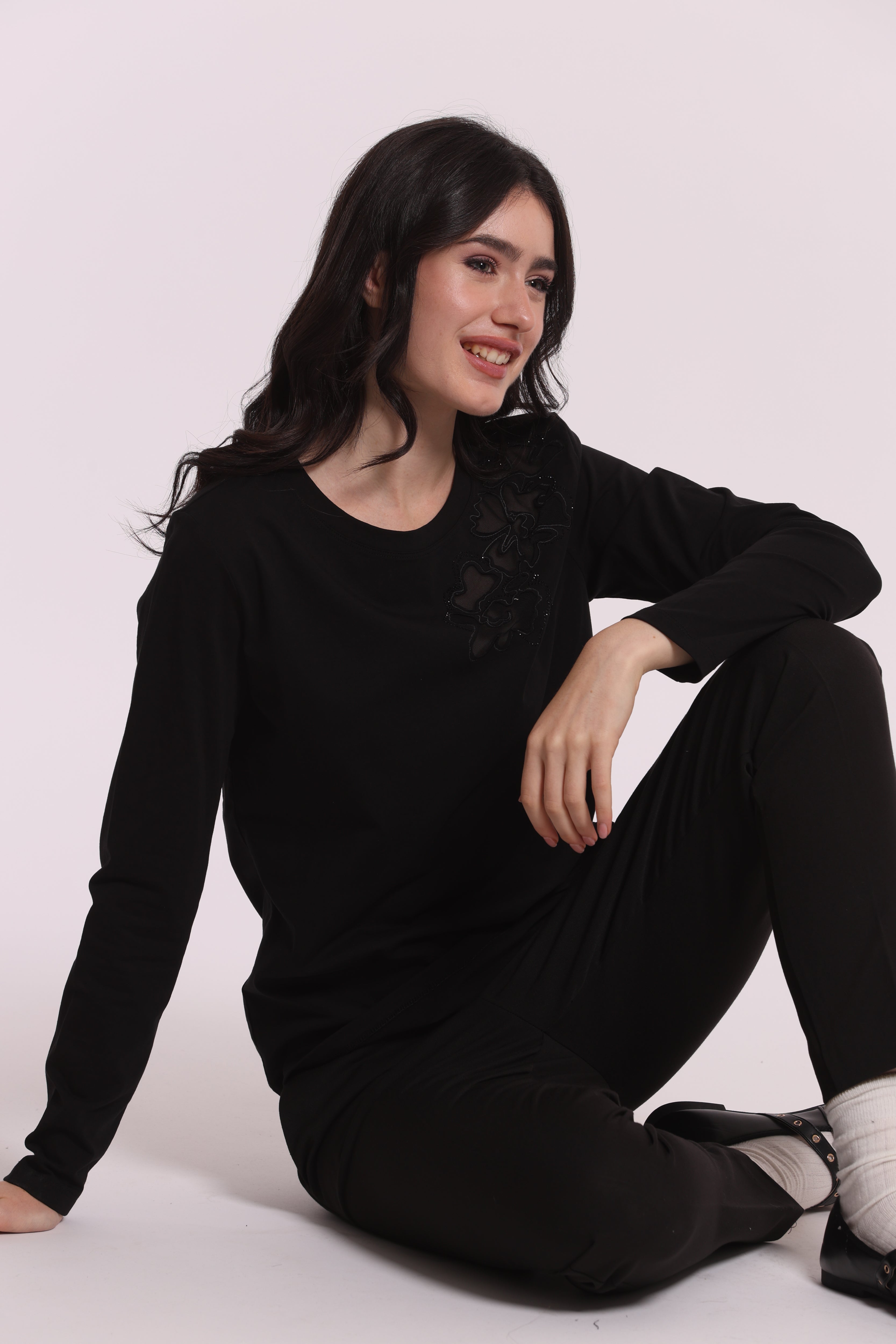 Mimi Mua Trasparenze Strass t-shirt nero maniche lunghe