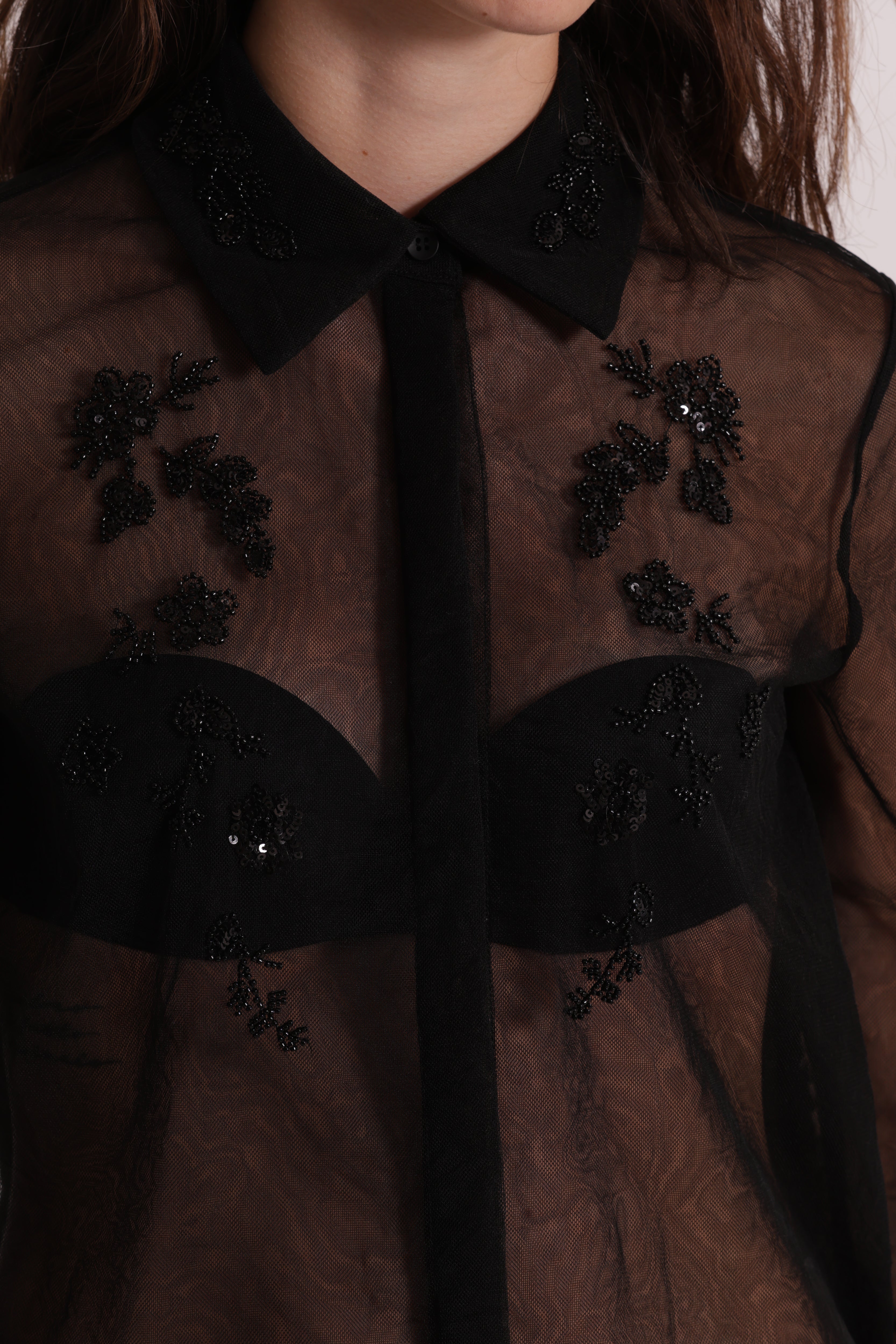 Mimi Mua Camicia Tulle Trasparente Perline Nero