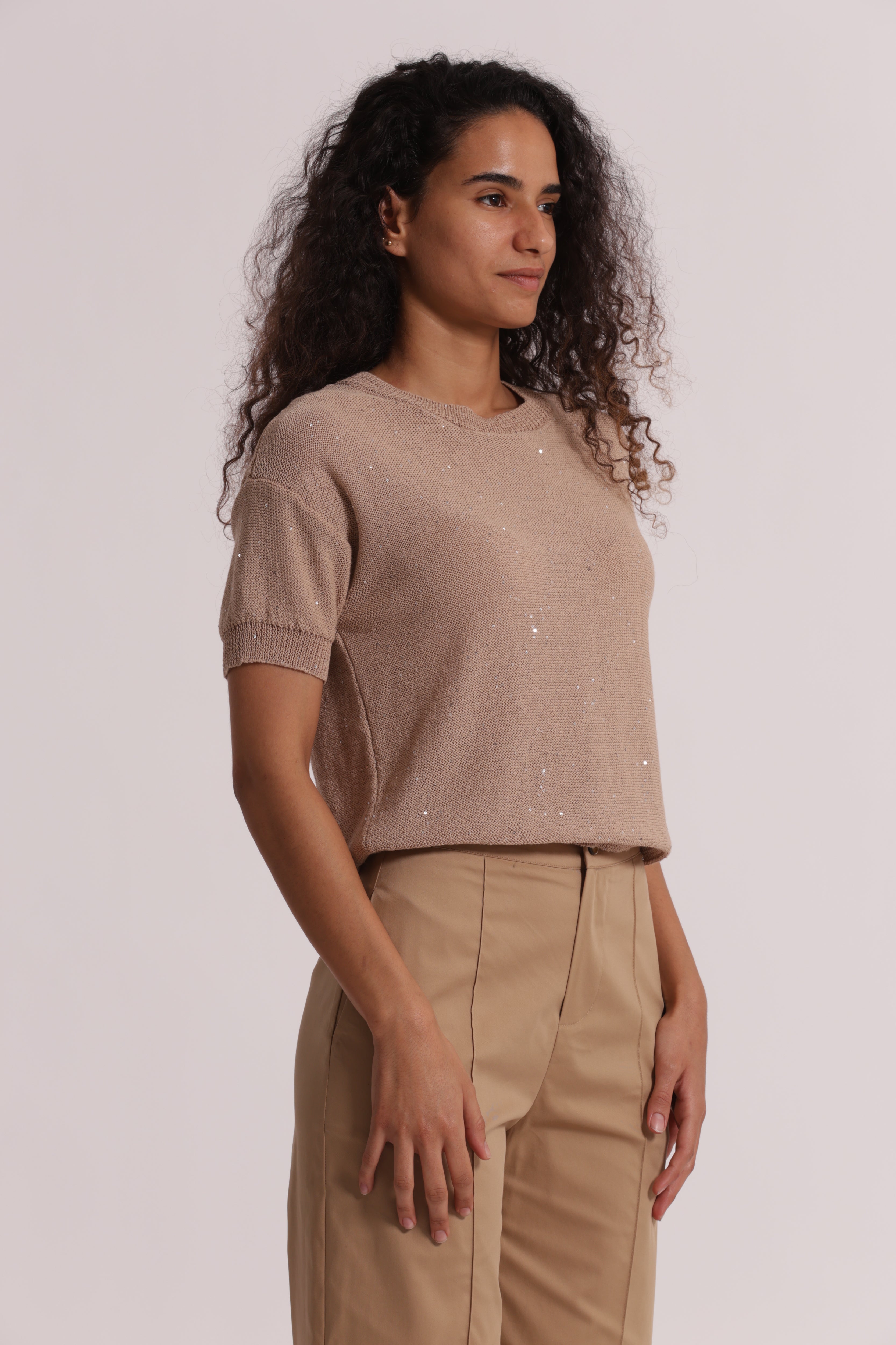 Mimi Mua Maglia Paillettes Trasparente Nero Maniche Corte