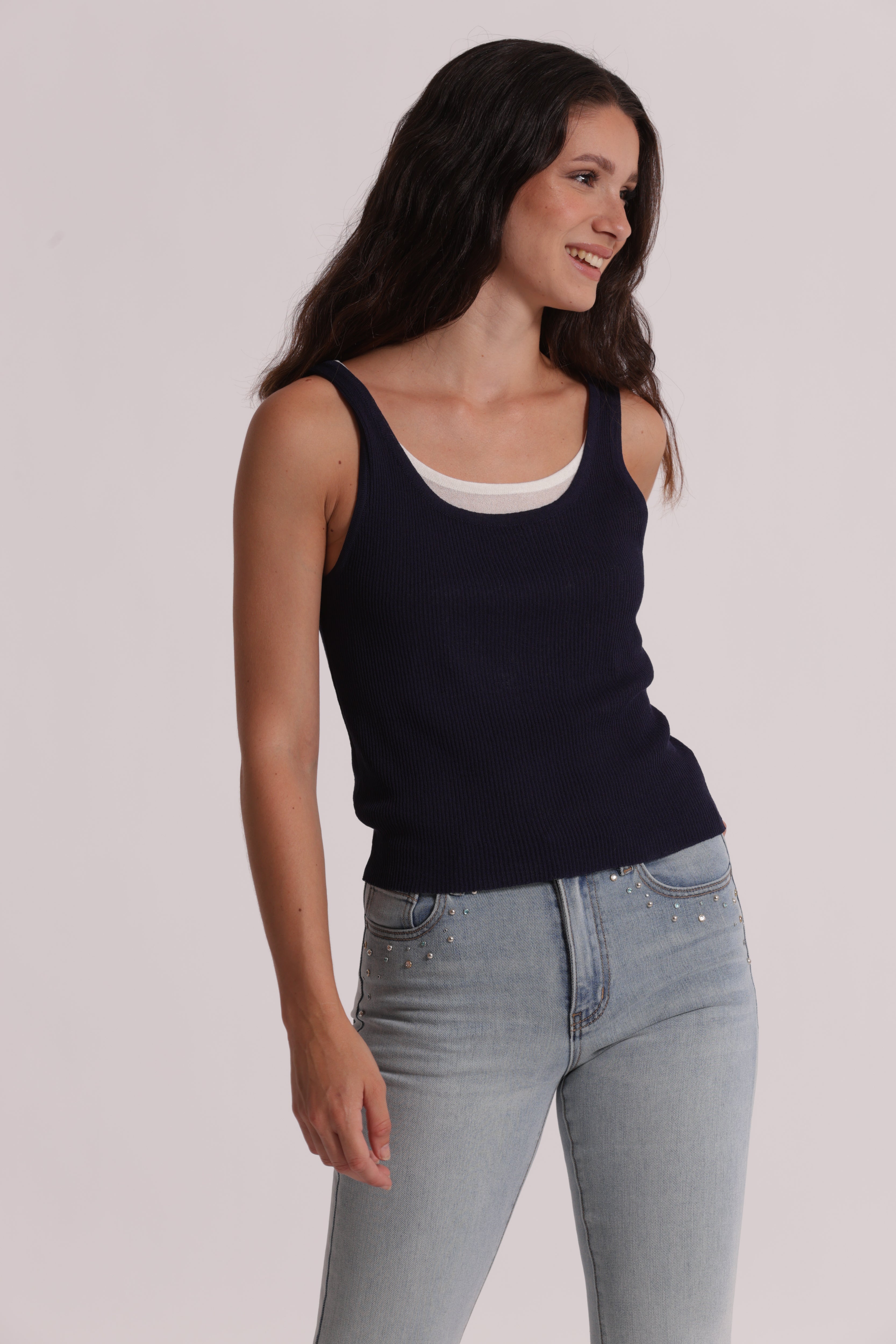 Mimi Mua Doppio Scollo top nero panna maglia