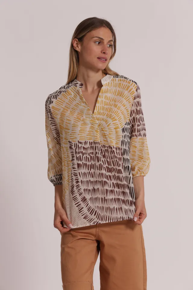 Mimi Mua Fantasia Graffio Blusa Cotone Marrone/Ocra