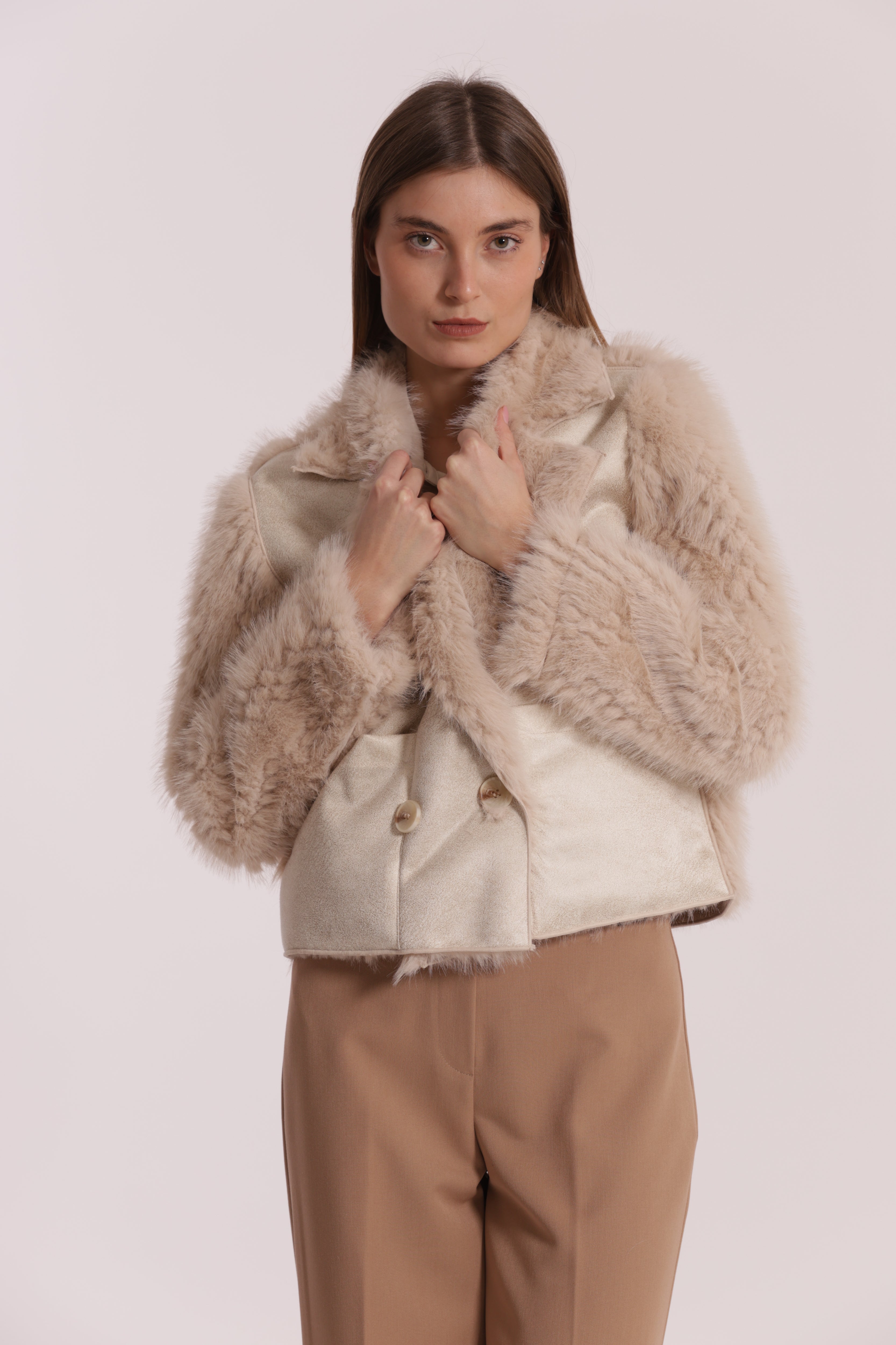 Mimi Mua Giubbotto Cropped Reversibile montone beige