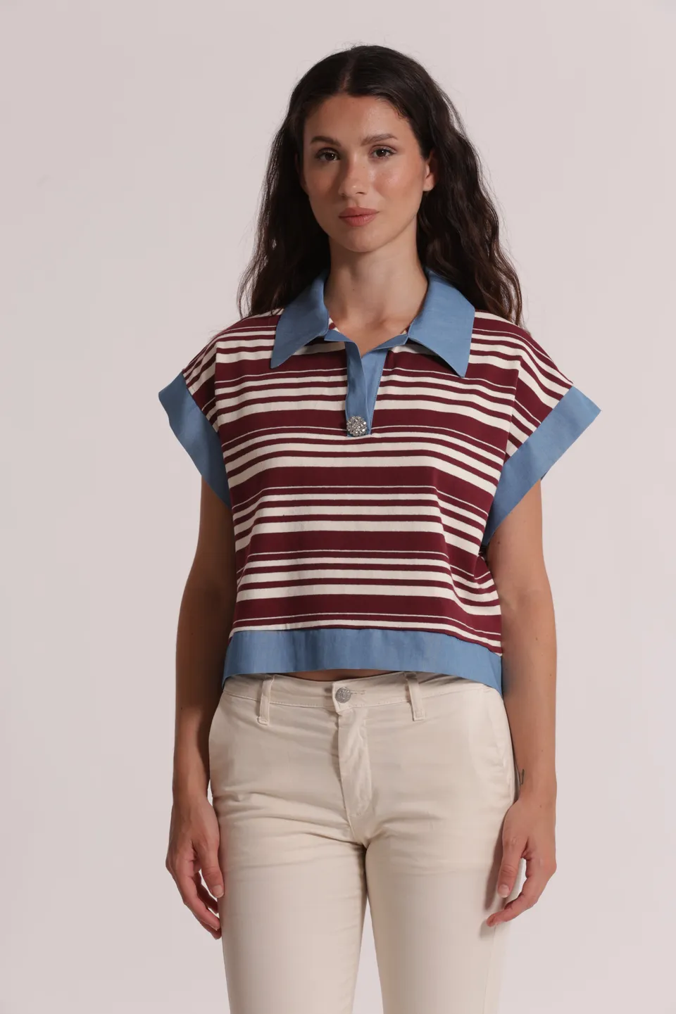 Mimi Mua T-Shirt Colletto Righe Denim Blu Panna
