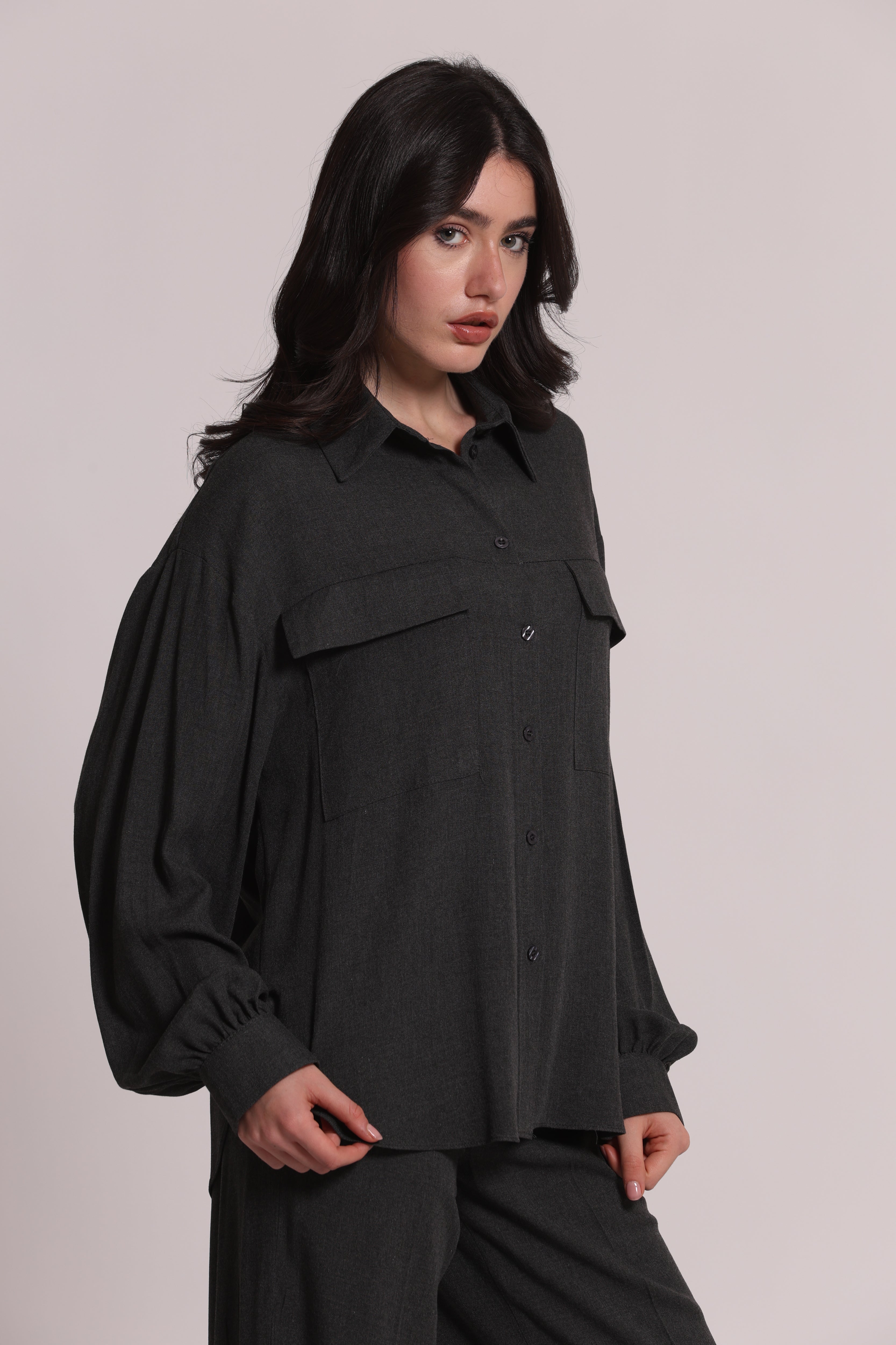 Mimi Mua Camicia con Tasconi in Flanella Piombo