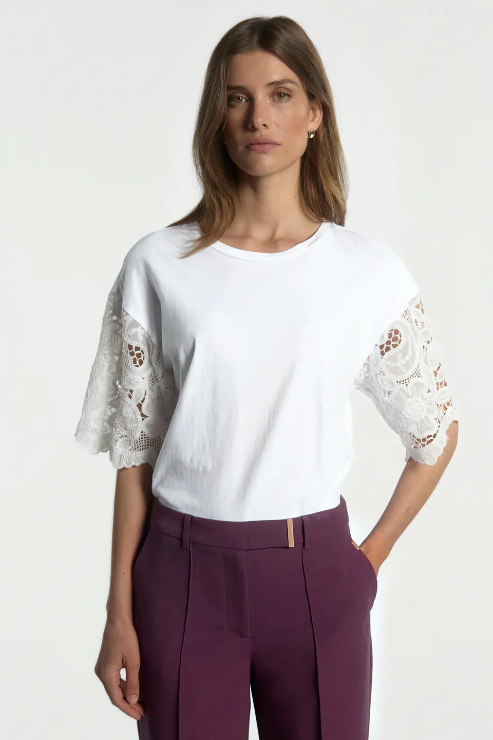 Aaiko Esther top bianco pizzo manica corta