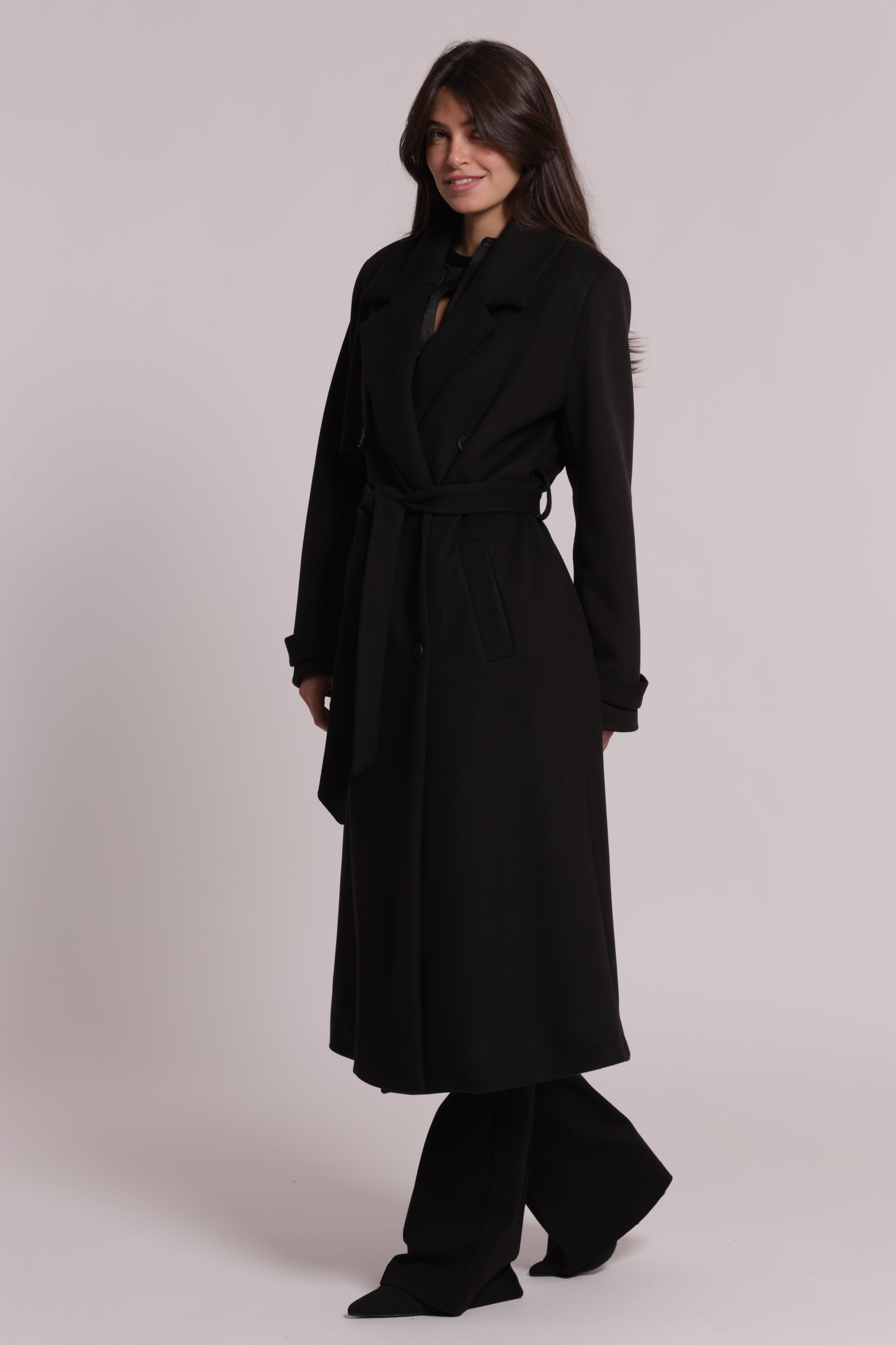 Mimi Mua Cappotto Lungo con Cintura Nero