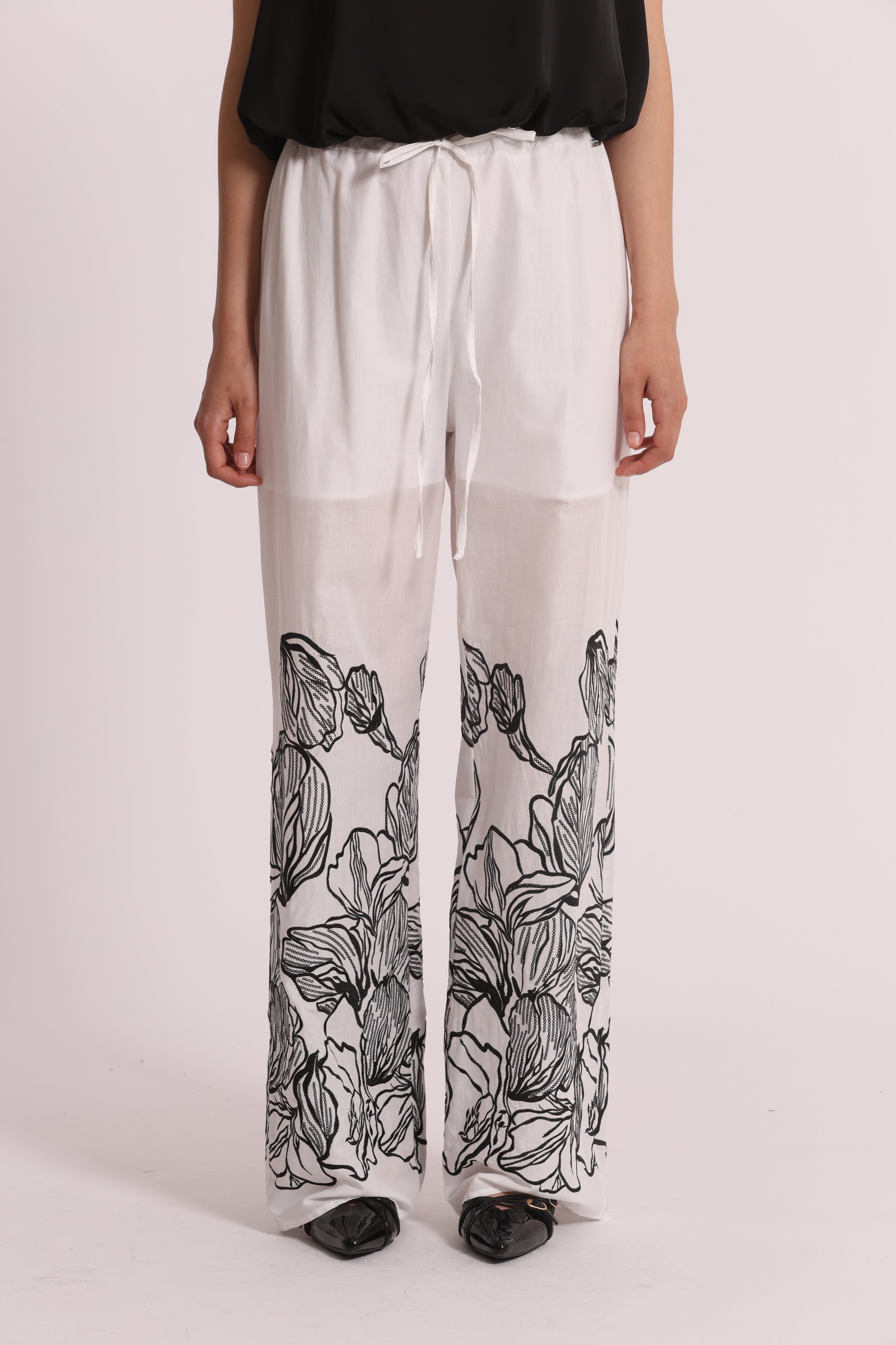 Mimi Mua Pantalone Lungo con Ricamo cotone bianco