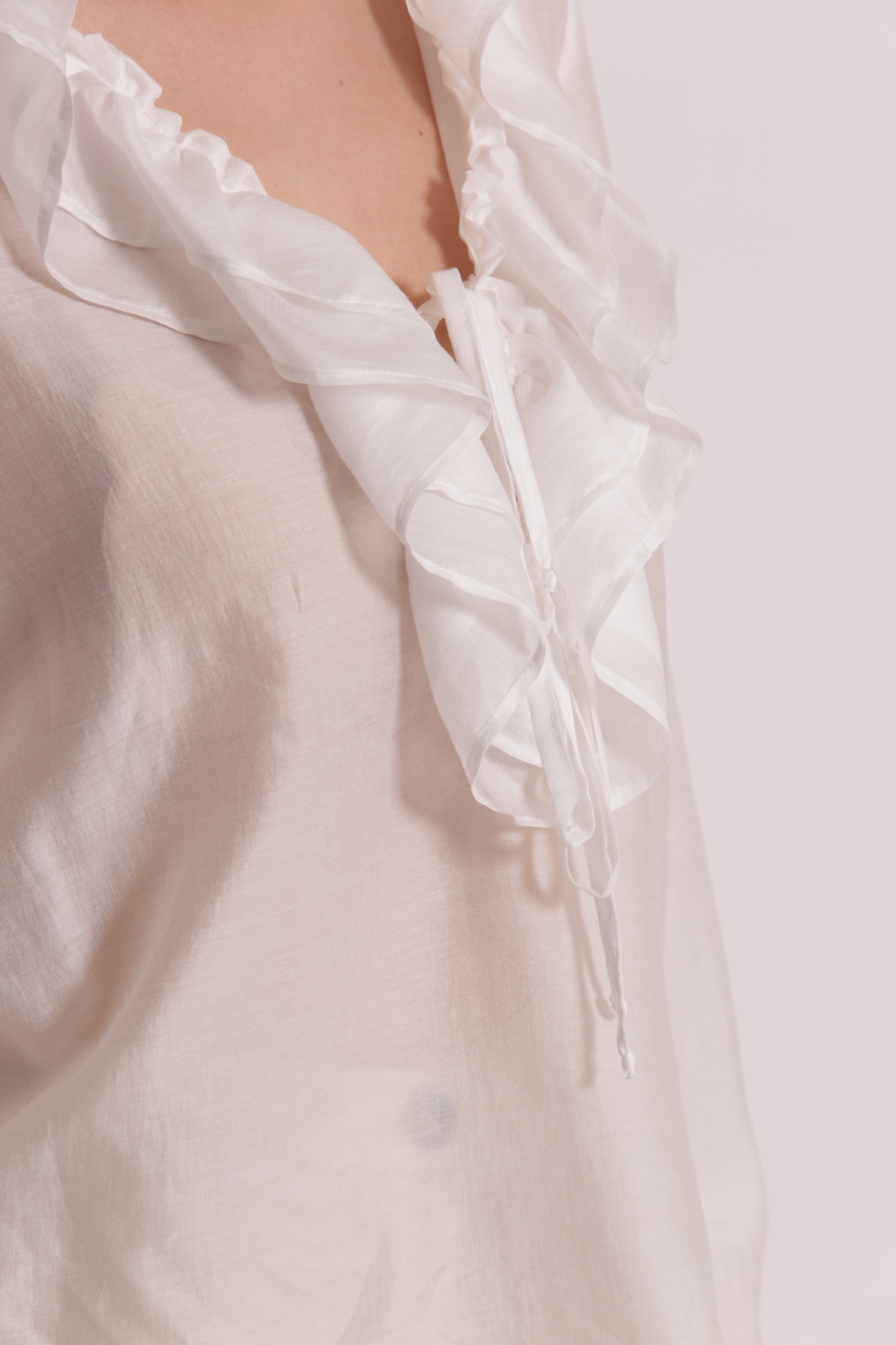 Mimi Mua Rouches Blusa Bianca Maniche Lunghe XS
