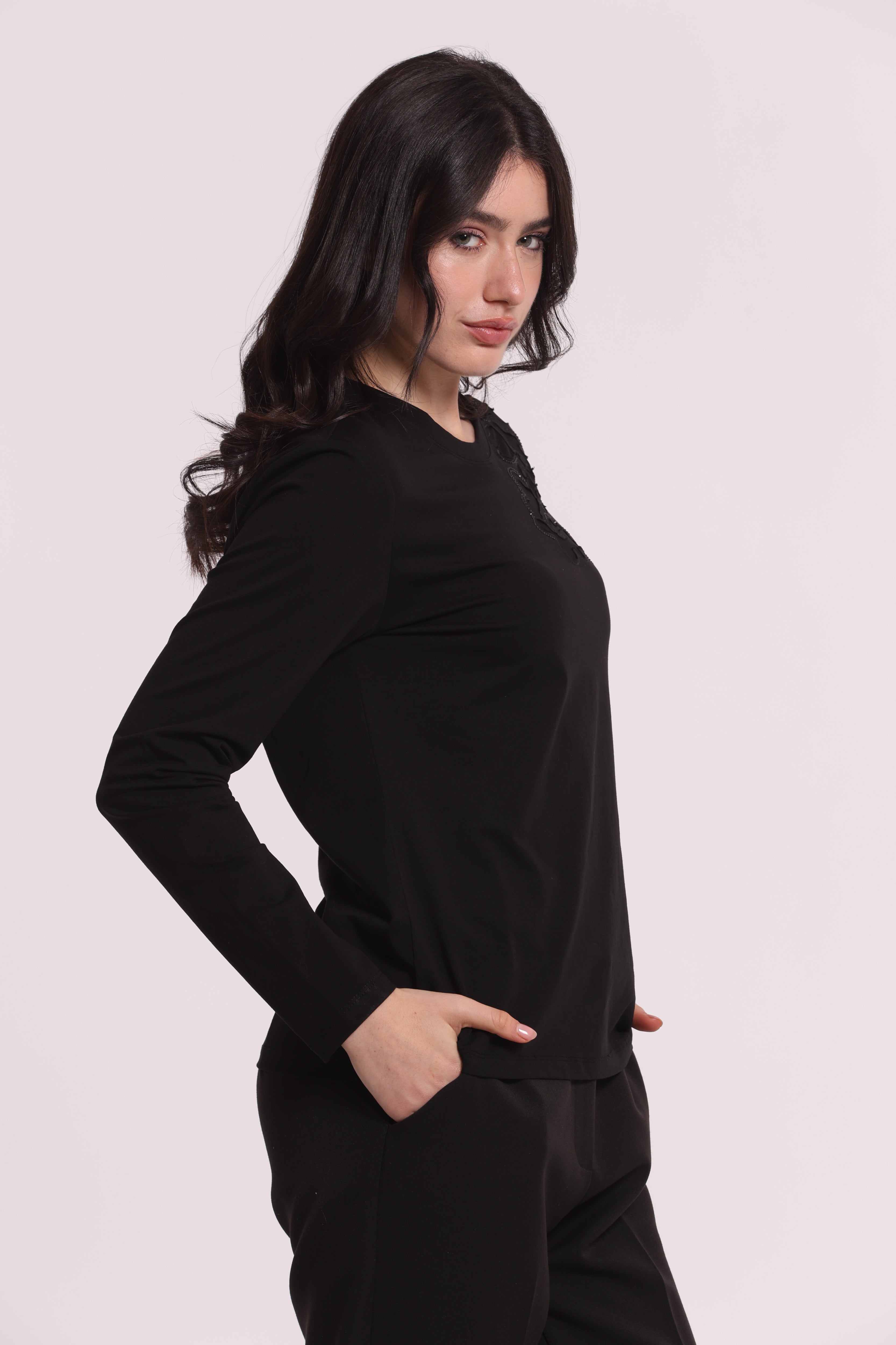 Mimi Mua Trasparenze Strass t-shirt nero maniche lunghe