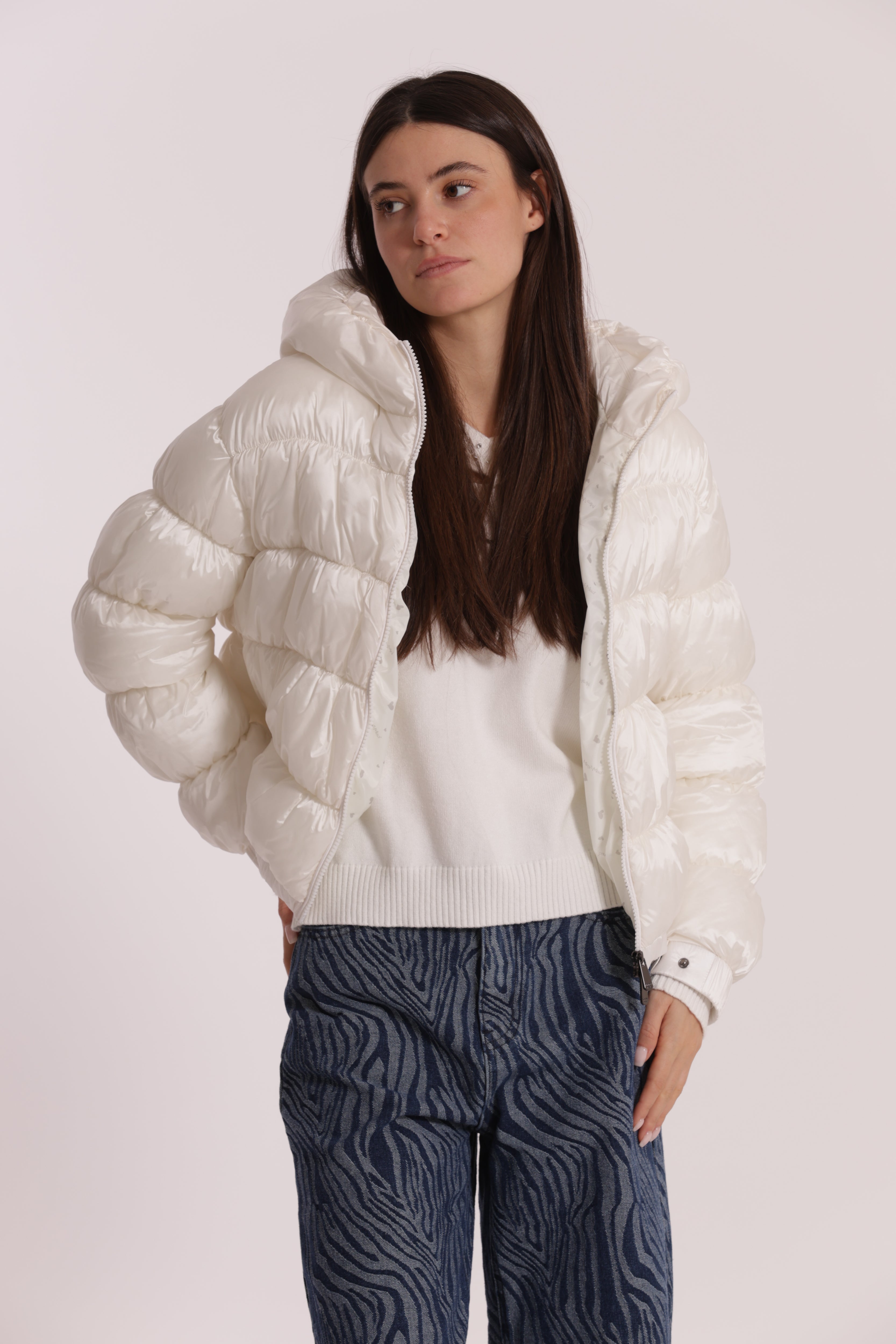 Mimi Mua Piumino Corto Bomber con Cappuccio Nero