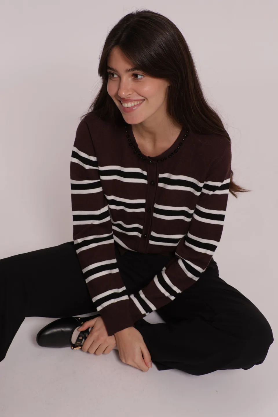 Mimi Mua Cardigan Righe Perle maglia moro