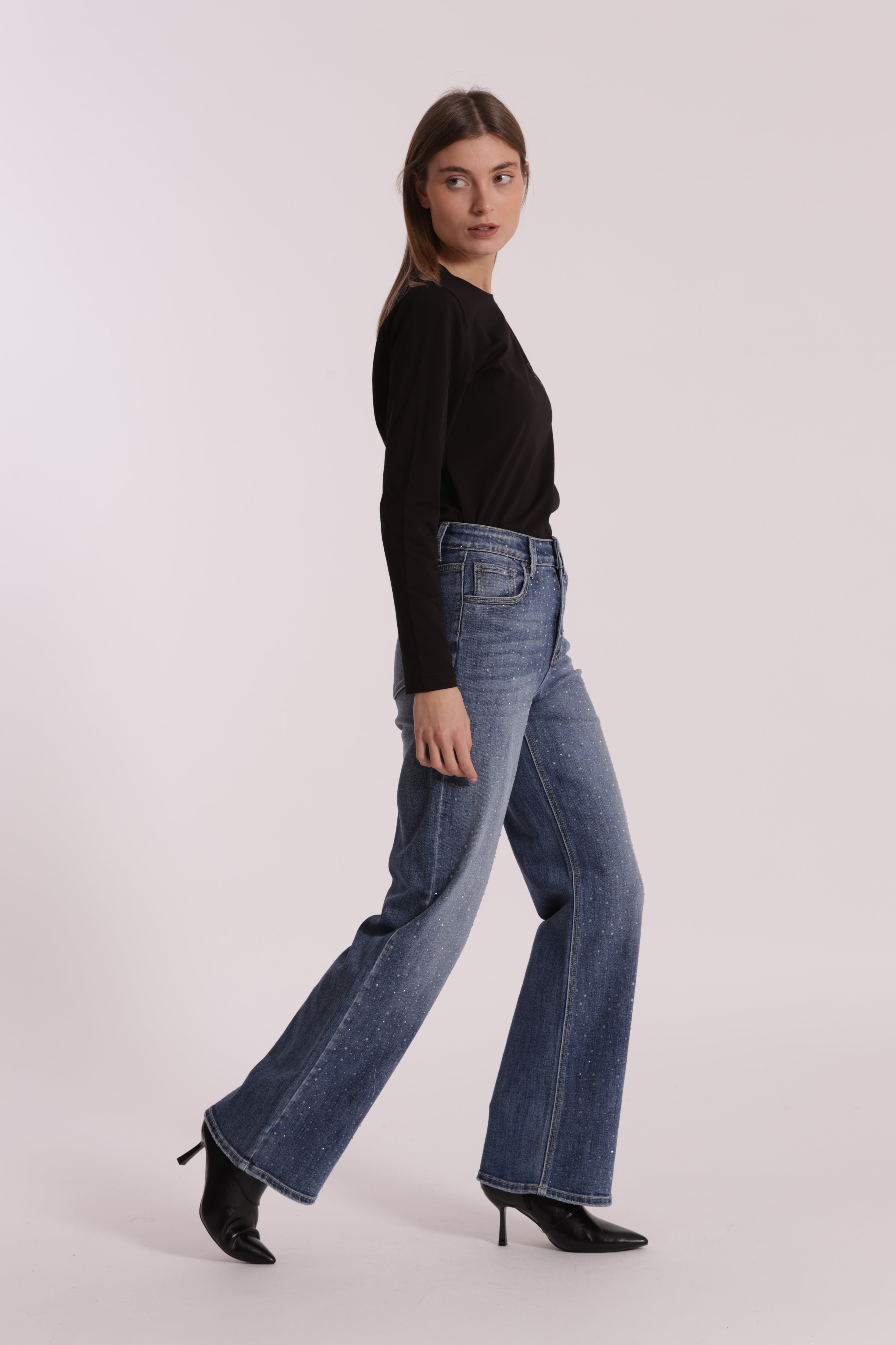 Mimi Mua Jeans Wide Leg Strass Blu Medio
