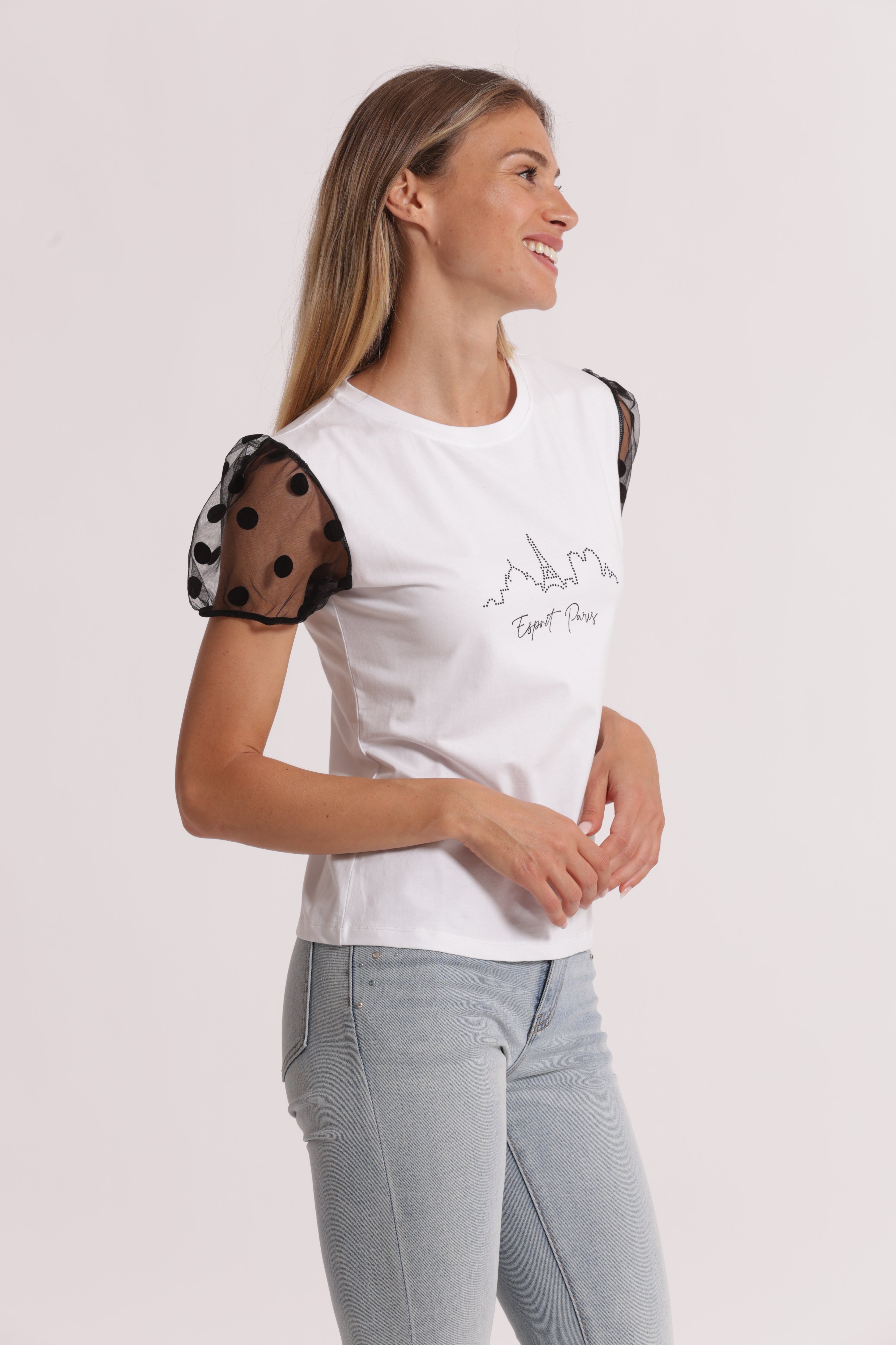 Mimi Mua Esprit Paris T-Shirt Bianco Maniche Pois